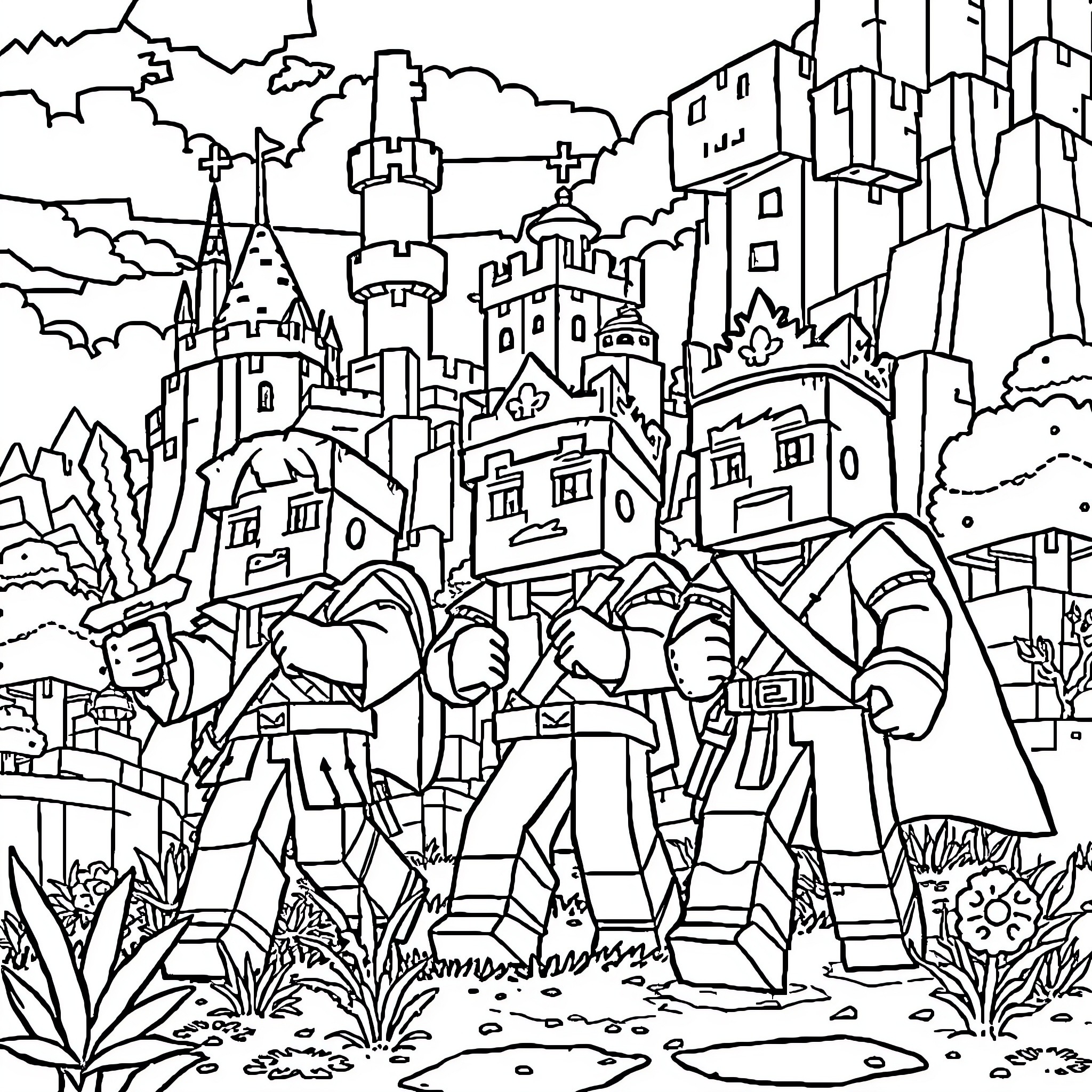 Minecraft Princess exploring a fantastical medieval town Coloring Page (free black-and-white line drawing printable PDF for all, from beginners to advanced learners, including children, teens, adults, and seniors)