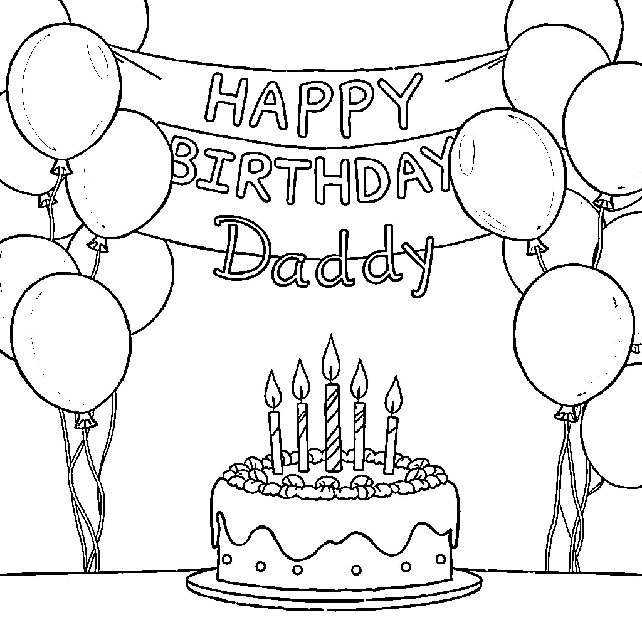 Birthday celebration with balloons and cake for Daddy Coloring Page (free black-and-white line drawing printable PDF for all, from beginners to advanced learners, including children, teens, adults, and seniors)
