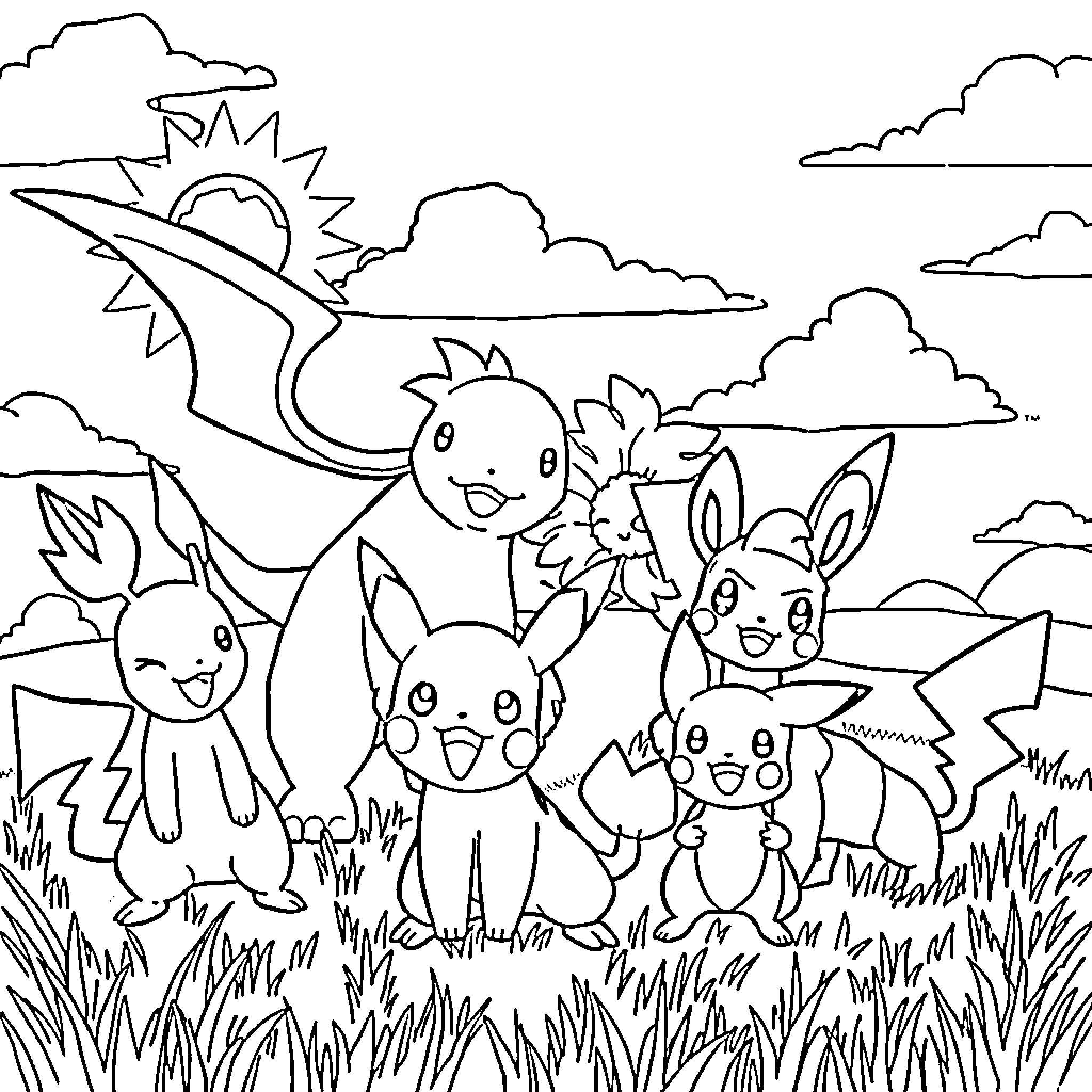 Pokémon characters enjoying a sunny outdoor adventure Coloring Page (free black-and-white line drawing printable PDF for all, from beginners to advanced learners, including children, teens, adults, and seniors)