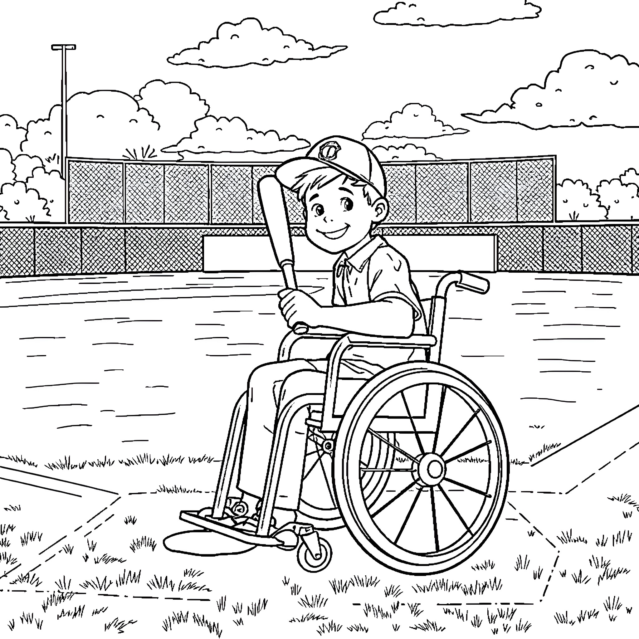 Boy in wheelchair on the baseball field Coloring Page (free black-and-white line drawing printable PDF for all, from beginners to advanced learners, including children, teens, adults, and seniors)