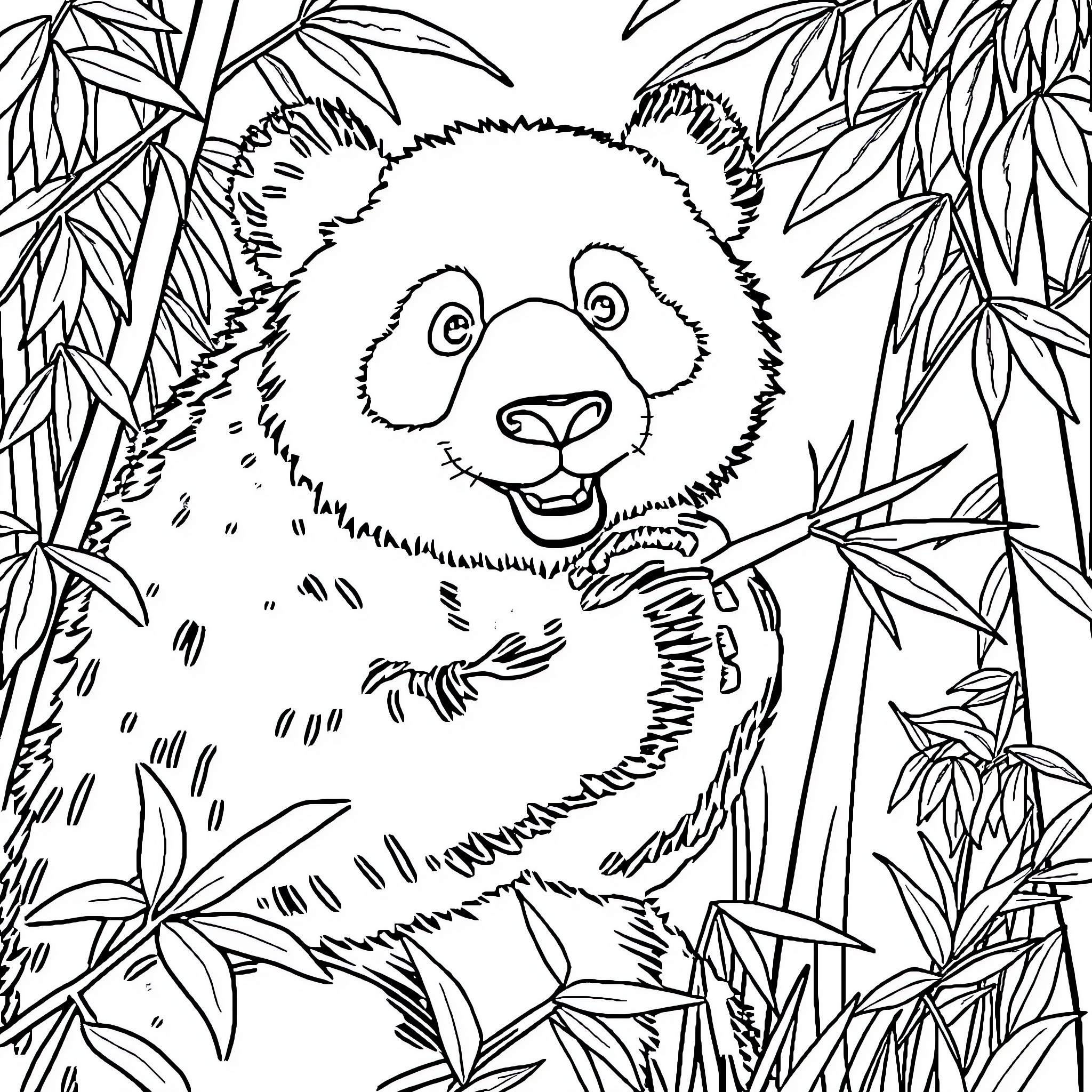 Panda enjoying bamboo in the forest Coloring Page (free black-and-white line drawing printable PDF for all, from beginners to advanced learners, including children, teens, adults, and seniors)
