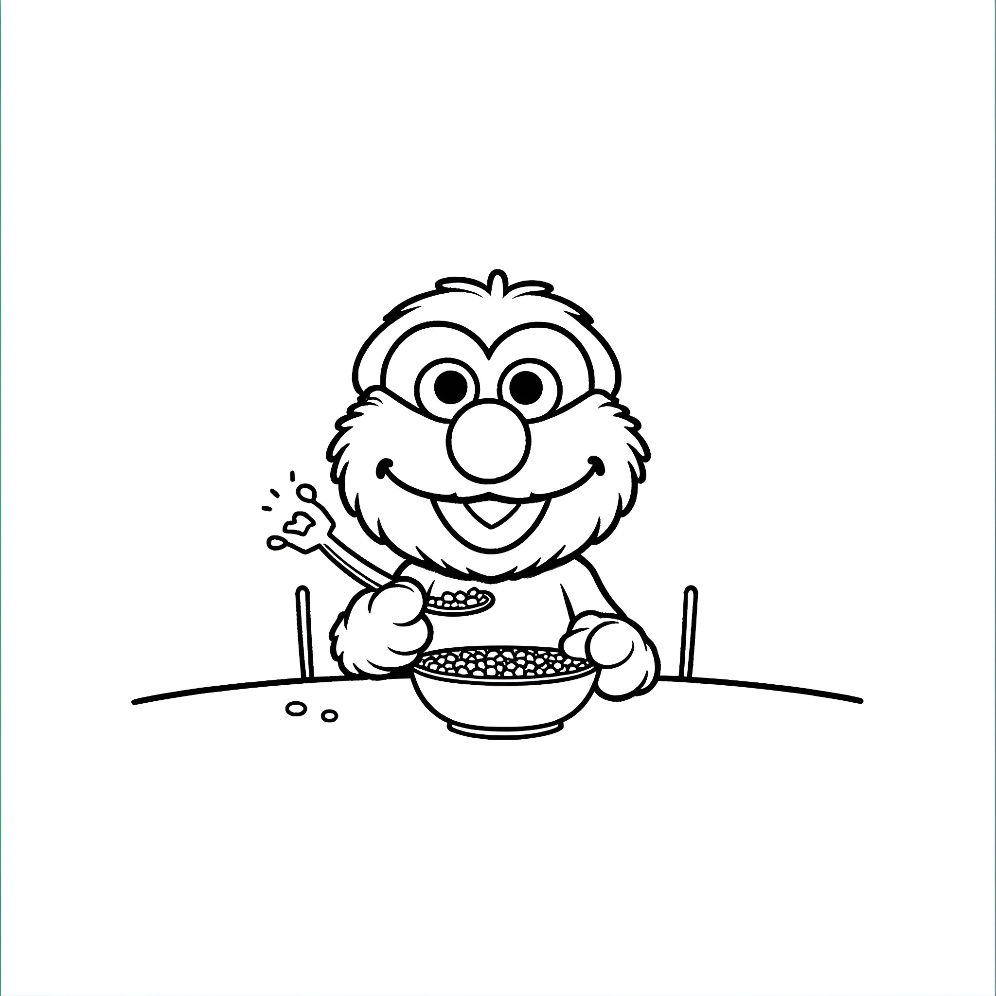 Elmo enjoying a meal happily Coloring Page (free black-and-white line drawing printable PDF for all, from beginners to advanced learners, including children, teens, adults, and seniors)