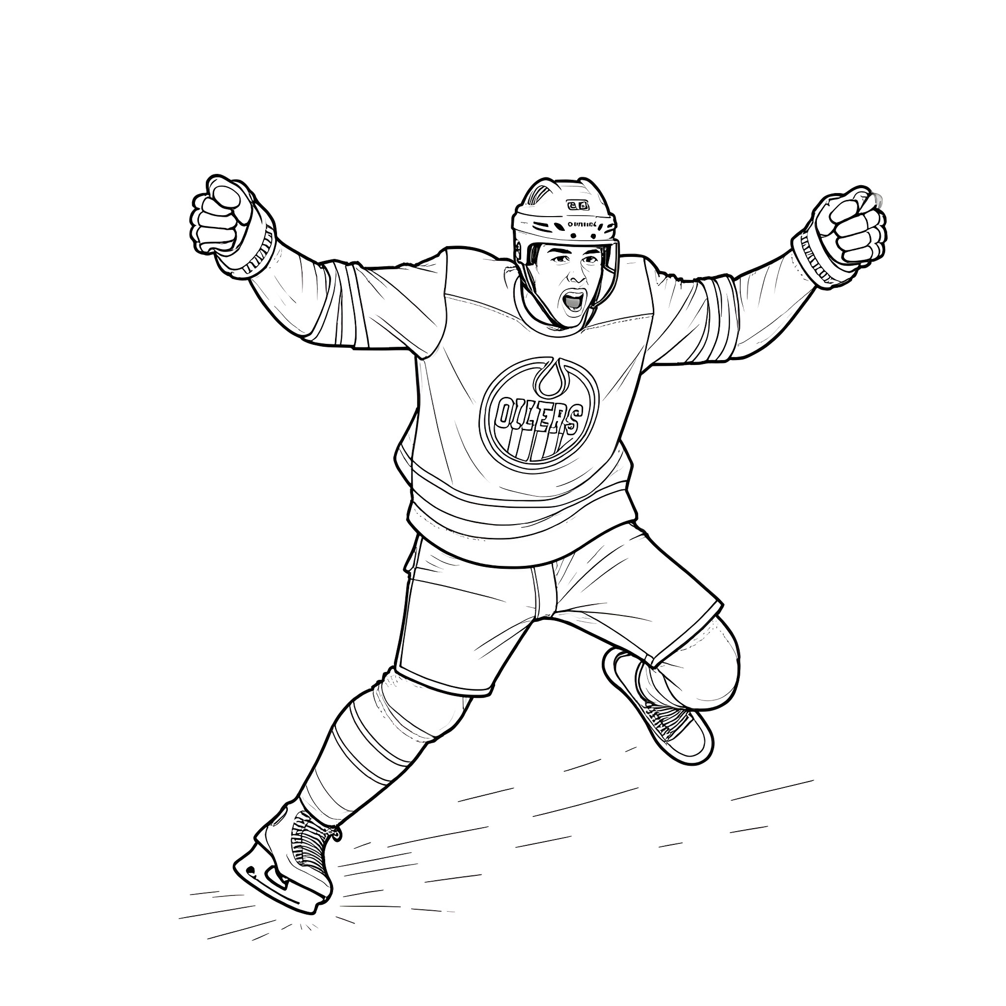 Leon Draisaitl scoring a goal in hockey game Coloring Page (free black-and-white line drawing printable PDF for all, from beginners to advanced learners, including children, teens, adults, and seniors)