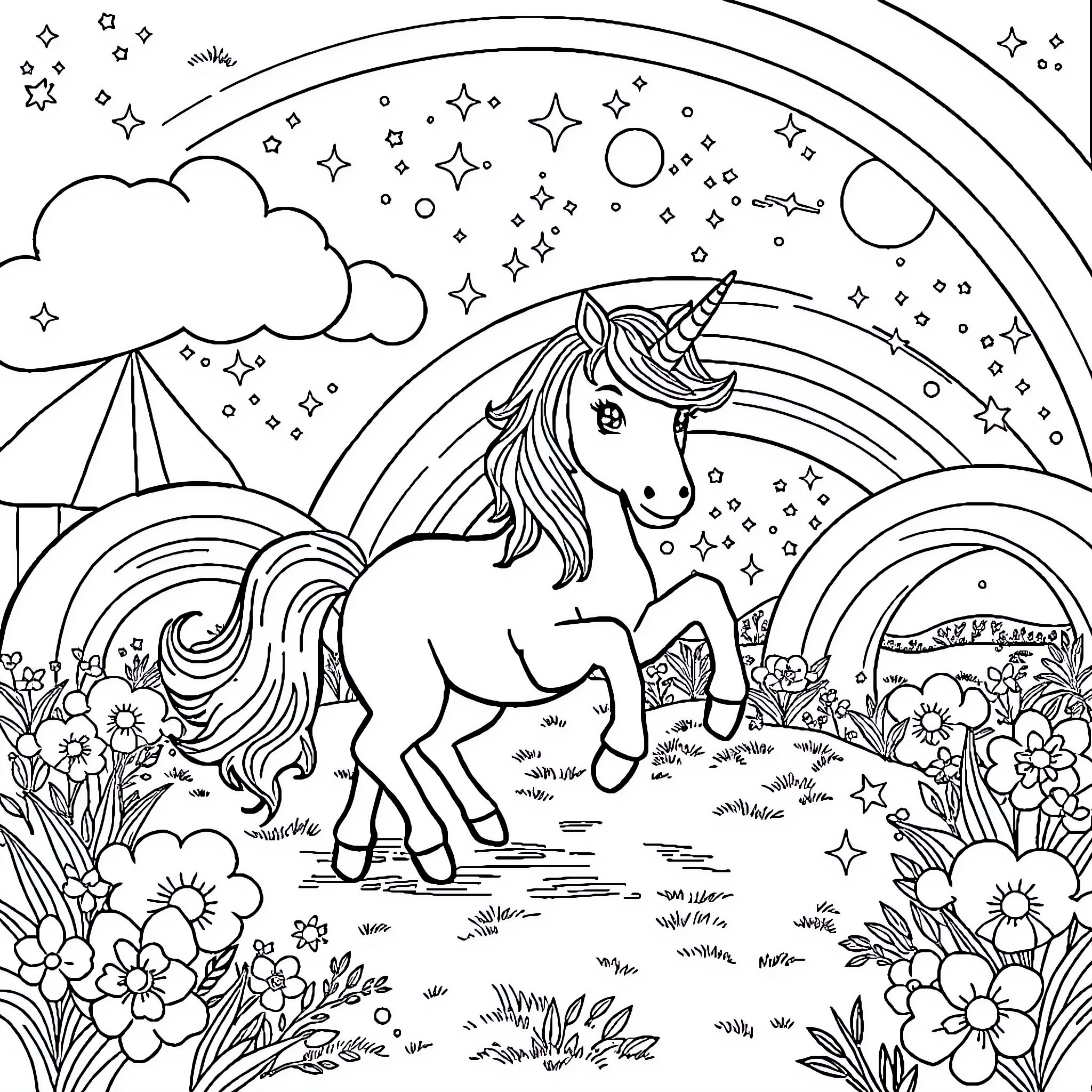 Unicorn wandering in a magical fantasy landscape Coloring Page (free black-and-white line drawing printable PDF for all, from beginners to advanced learners, including children, teens, adults, and seniors)