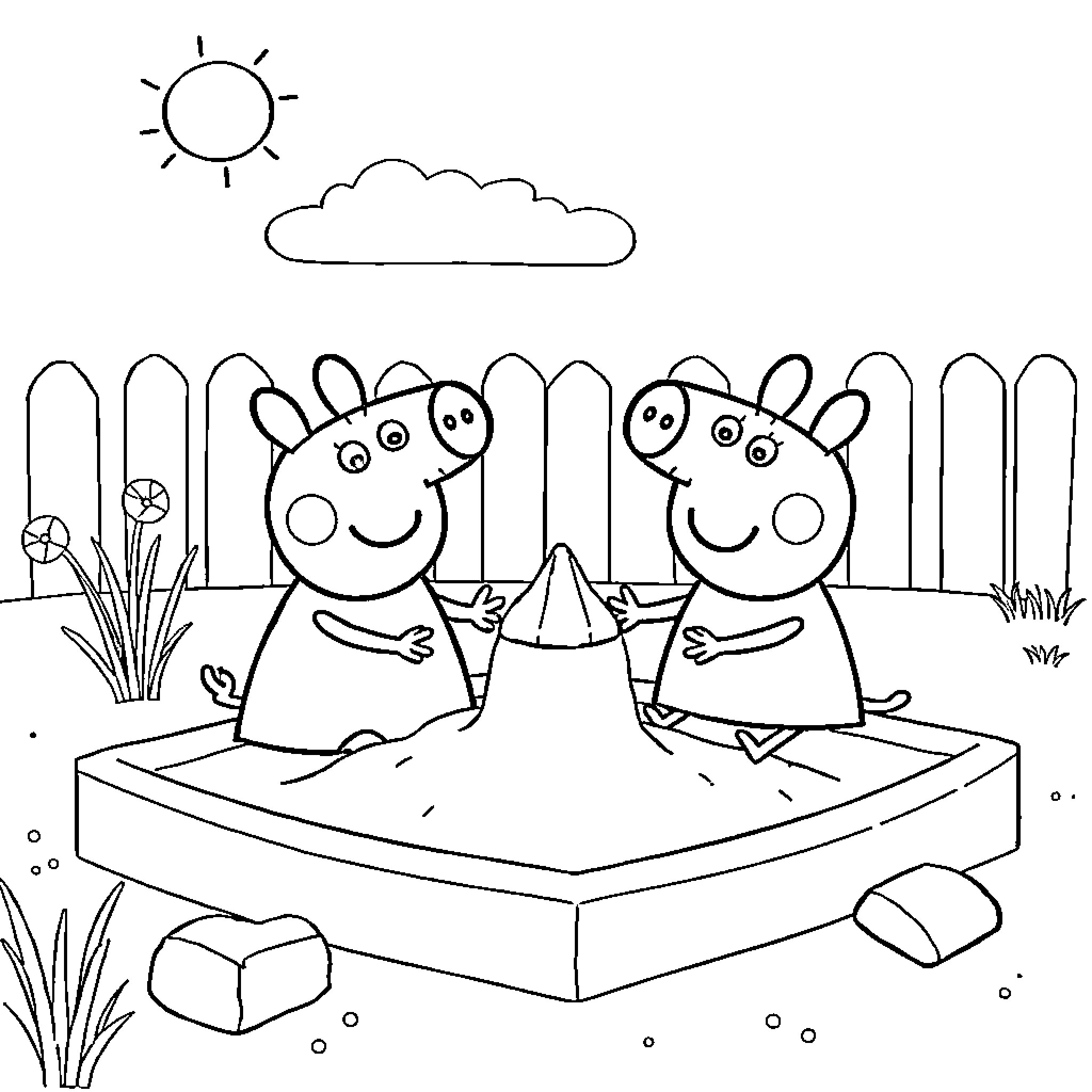 Peppa and George playing in the sandbox Coloring Page (free black-and-white line drawing printable PDF for all, from beginners to advanced learners, including children, teens, adults, and seniors)