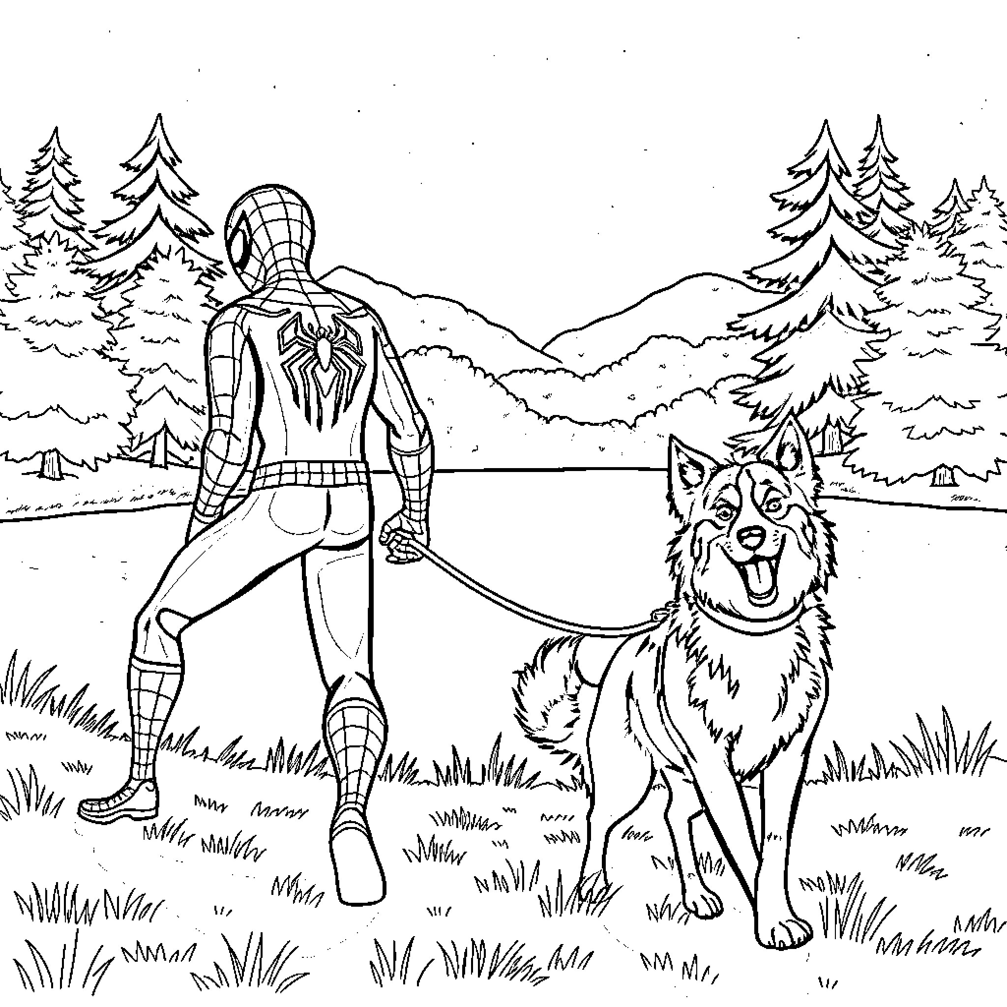 Spiderman exploring the outdoors with his wolf companion Coloring Page (free black-and-white line drawing printable PDF for all, from beginners to advanced learners, including children, teens, adults, and seniors)