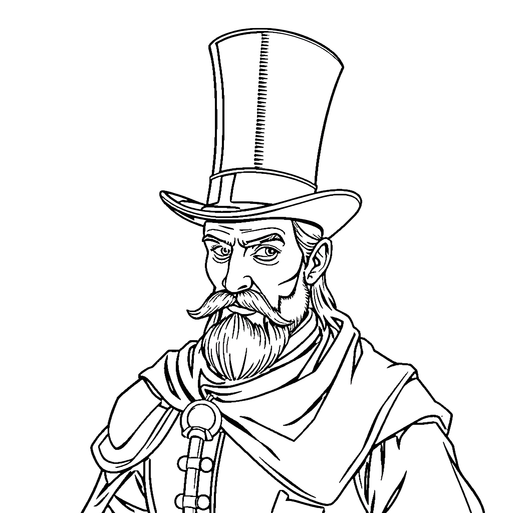 Cavalier in Formal Attire with Mustache and Top Hat Coloring Page (free black-and-white line drawing printable PDF for all, from beginners to advanced learners, including children, teens, adults, and seniors)
