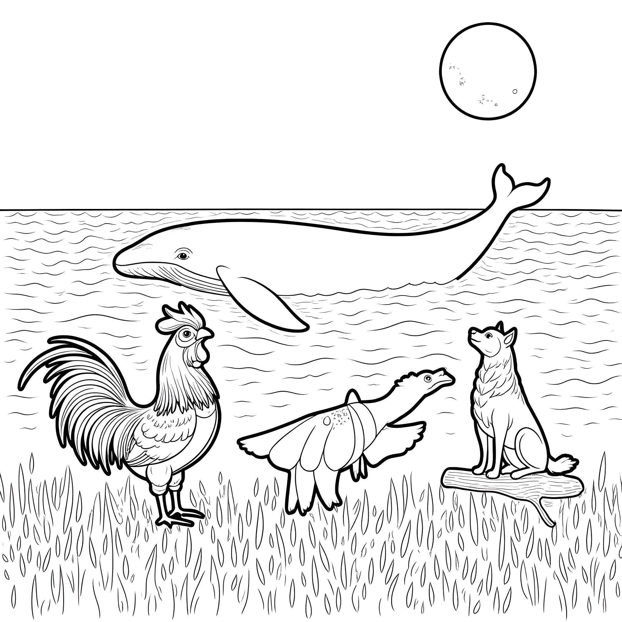 Whale, rooster, and other animals in nature Coloring Page (free black-and-white line drawing printable PDF for all, from beginners to advanced learners, including children, teens, adults, and seniors)