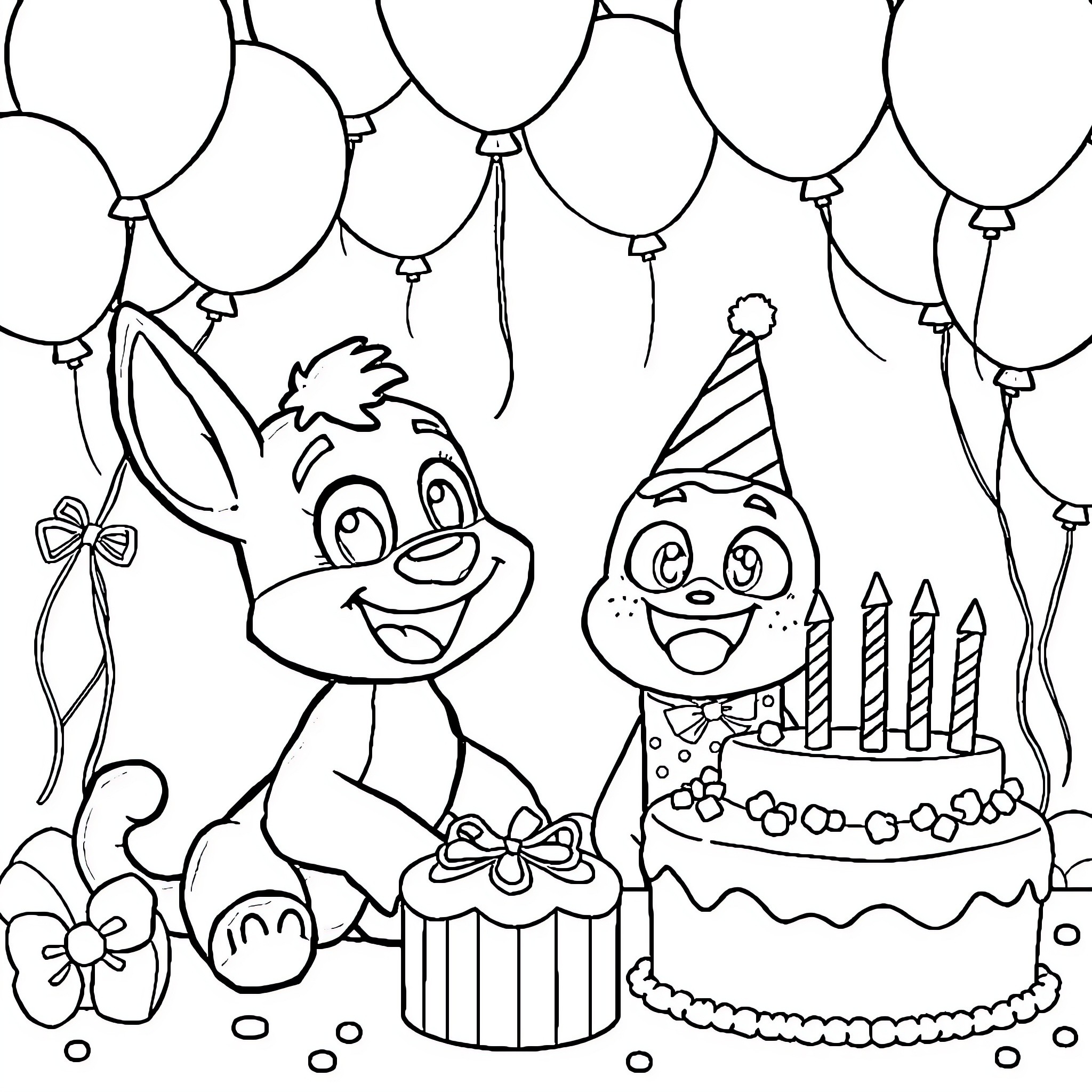 Bluey's Festive Birthday Celebration Coloring Page (free black-and-white line drawing printable PDF for all, from beginners to advanced learners, including children, teens, adults, and seniors)