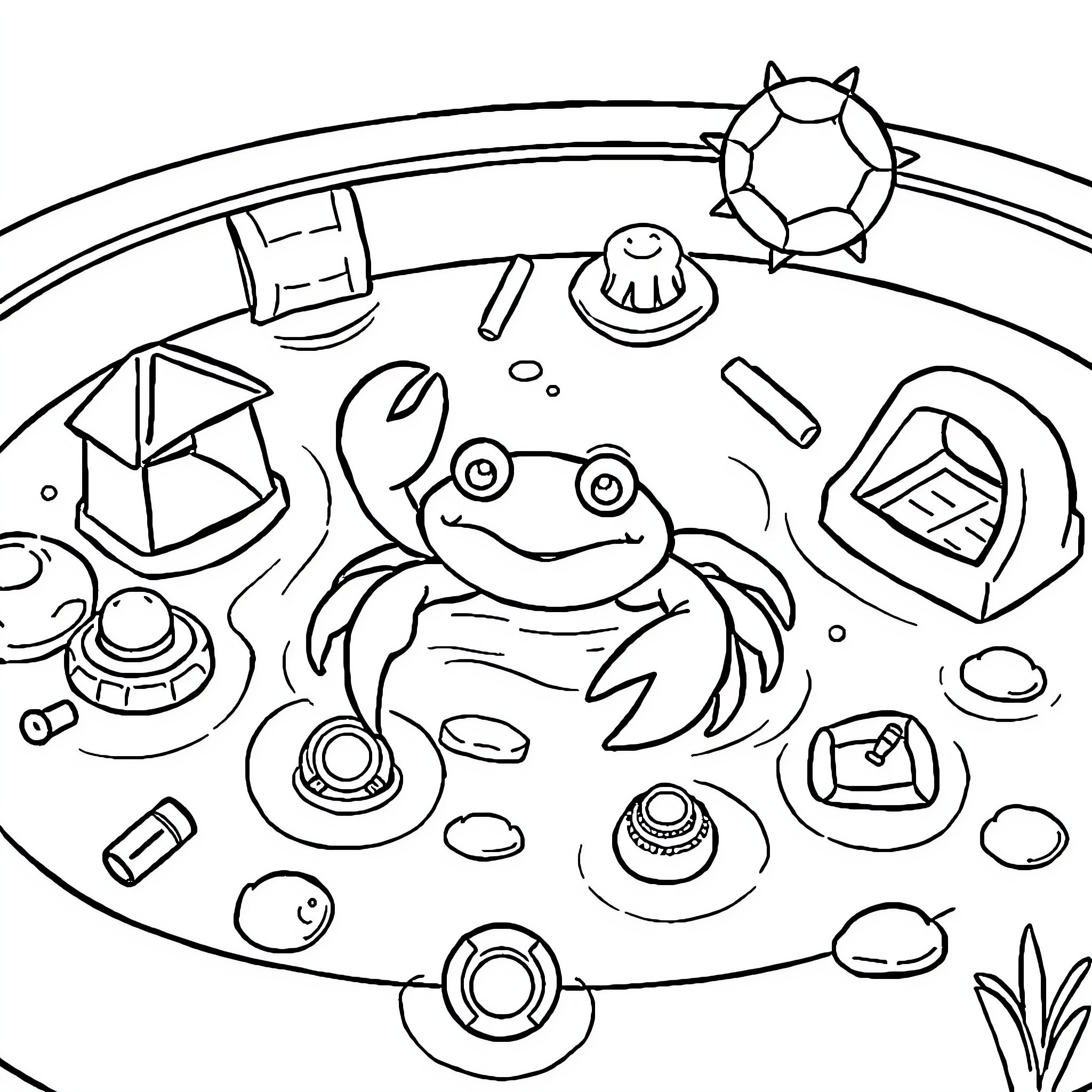 Crab exploring a colorful underwater scene Coloring Page (free black-and-white line drawing printable PDF for all, from beginners to advanced learners, including children, teens, adults, and seniors)