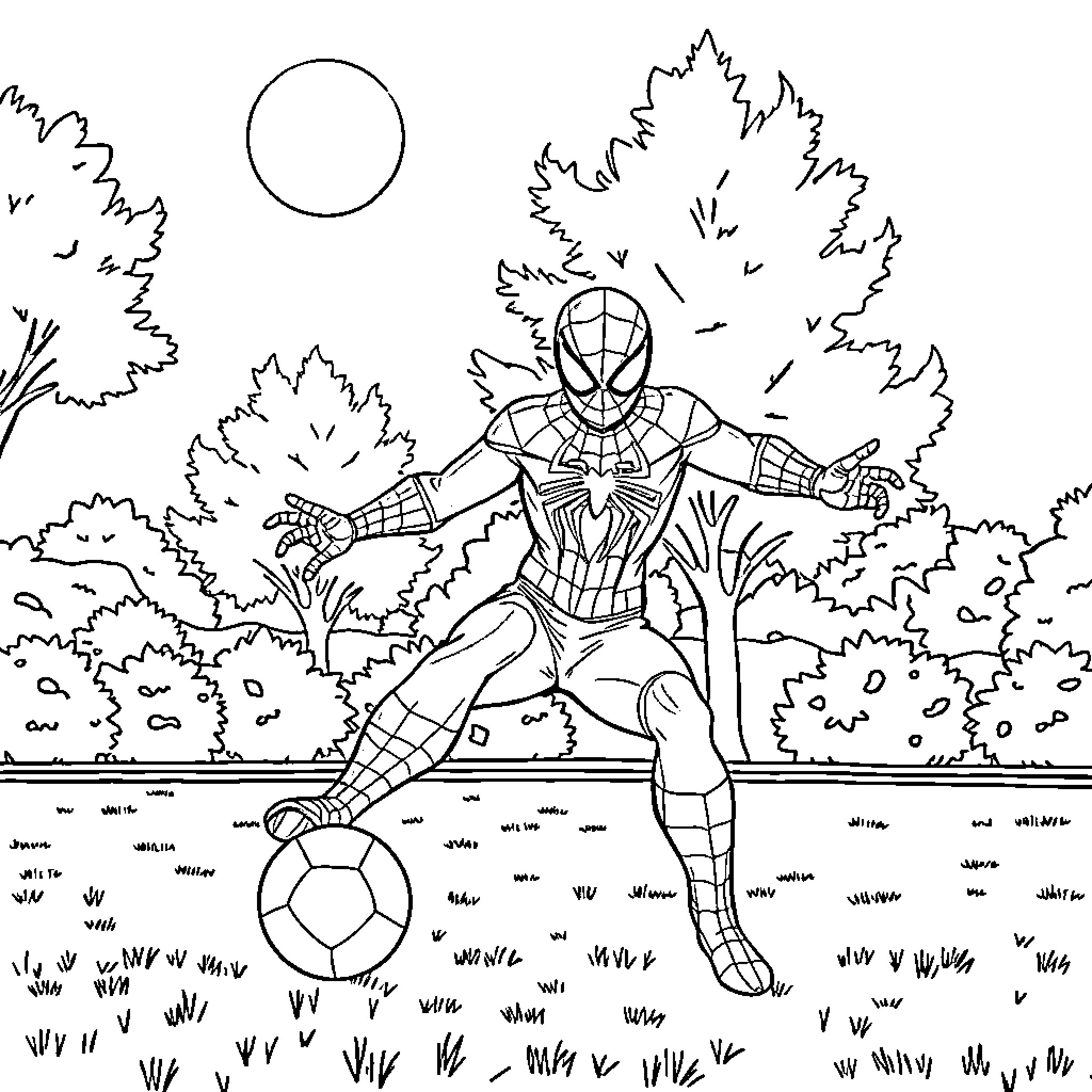 Spiderman playing soccer in the park Coloring Page (free black-and-white line drawing printable PDF for all, from beginners to advanced learners, including children, teens, adults, and seniors)