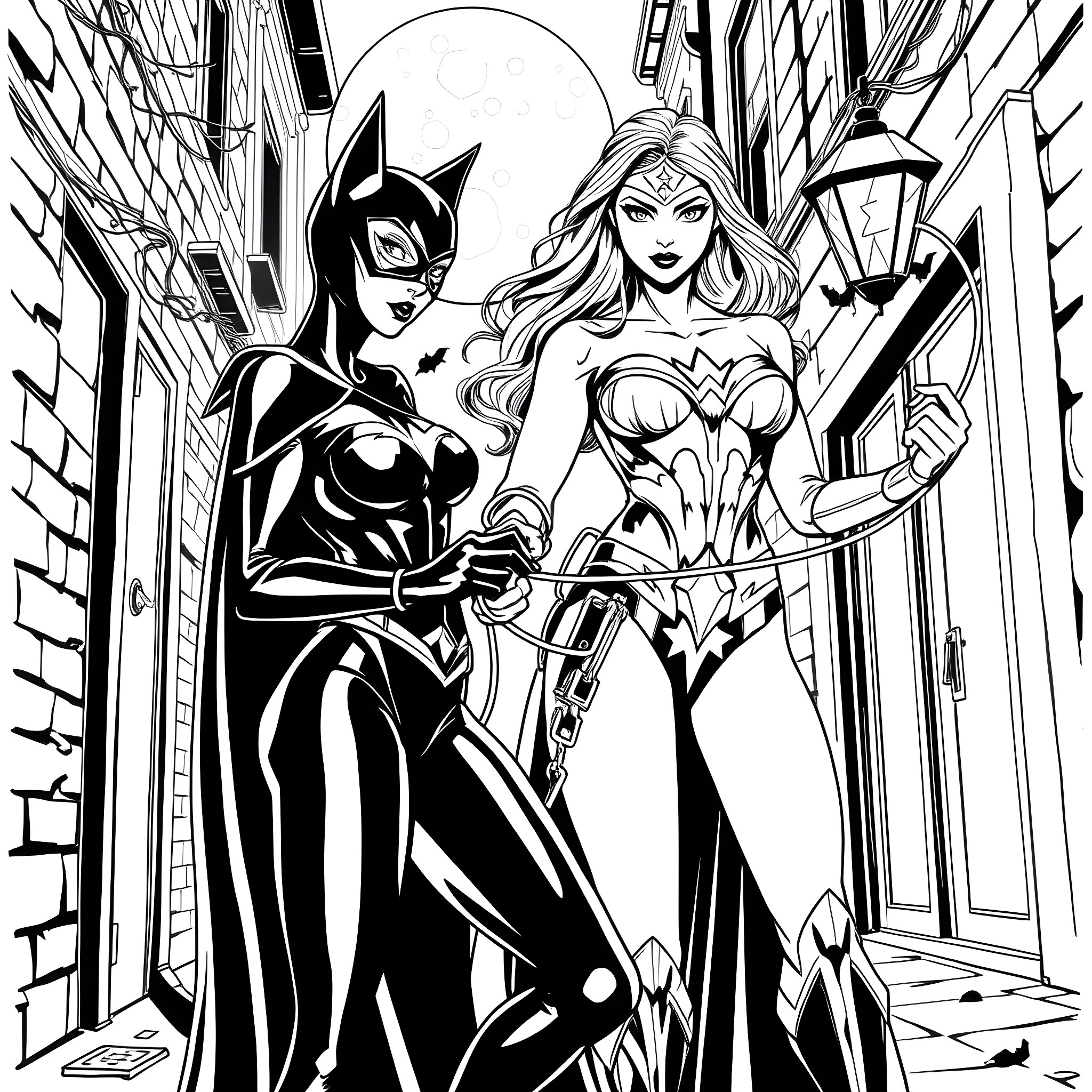 Catwoman and Wonder Woman in action Coloring Page (free black-and-white line drawing printable PDF for all, from beginners to advanced learners, including children, teens, adults, and seniors)