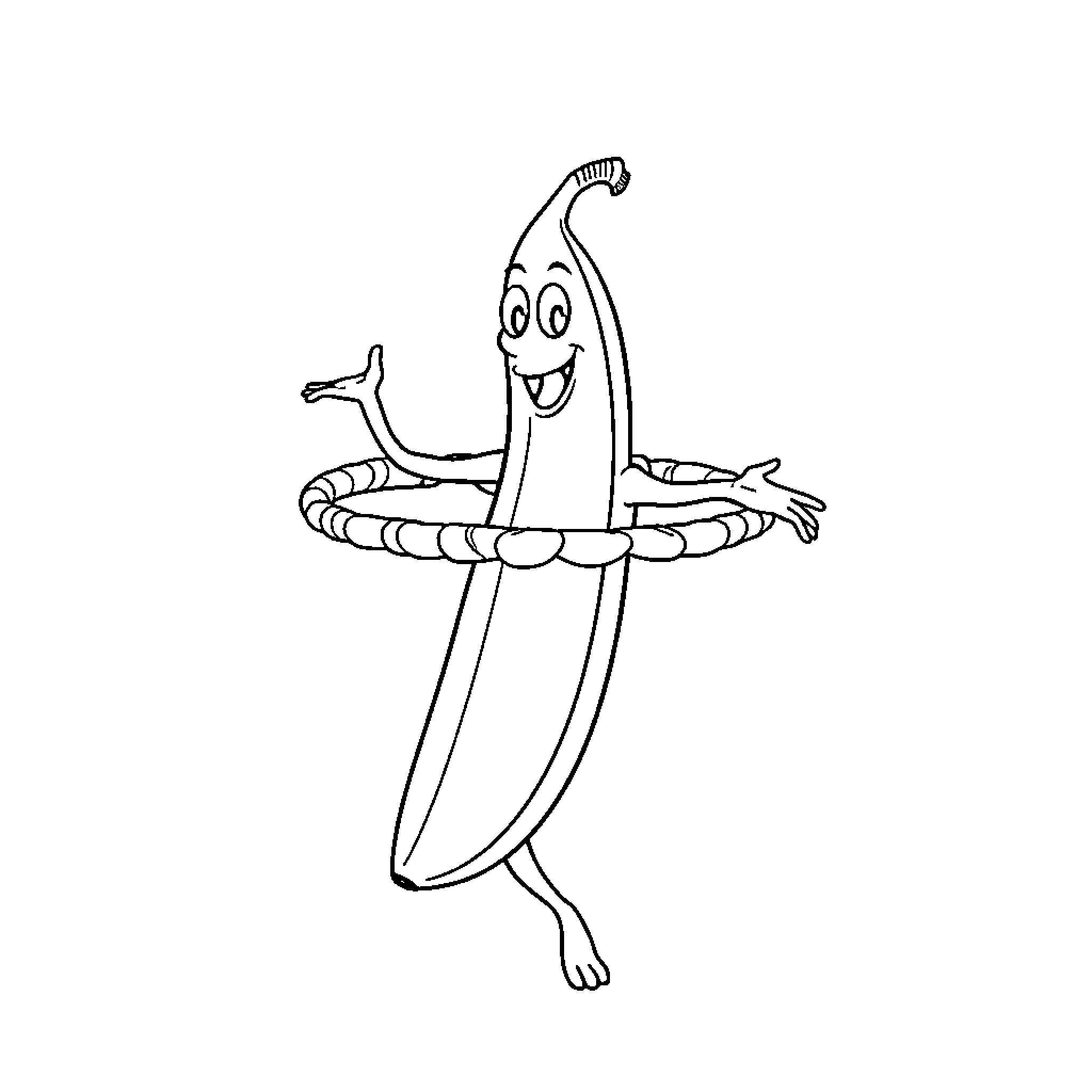 Banana dancing joyfully on inner tube Coloring Page (free black-and-white line drawing printable PDF for all, from beginners to advanced learners, including children, teens, adults, and seniors)