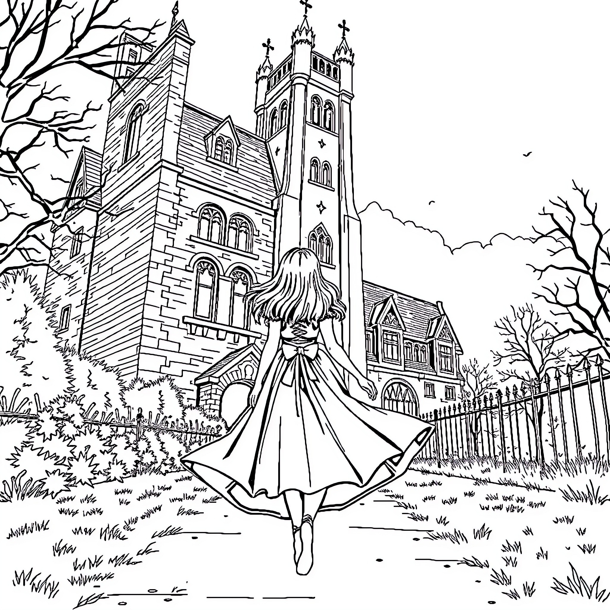 Wednesday at the Enchanted Castle Coloring Page (free black-and-white line drawing printable PDF for all, from beginners to advanced learners, including children, teens, adults, and seniors)