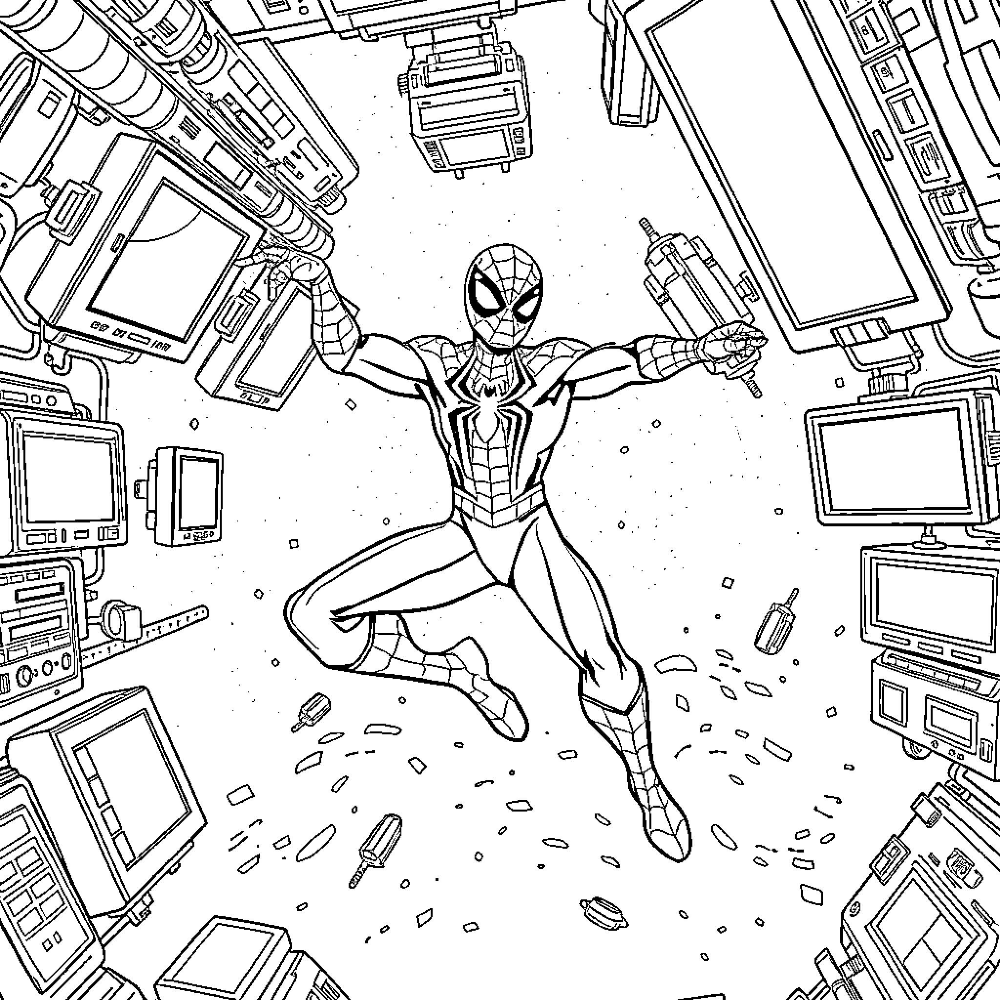 Spider-Man swinging through a high-tech environment Coloring Page (free black-and-white line drawing printable PDF for all, from beginners to advanced learners, including children, teens, adults, and seniors)