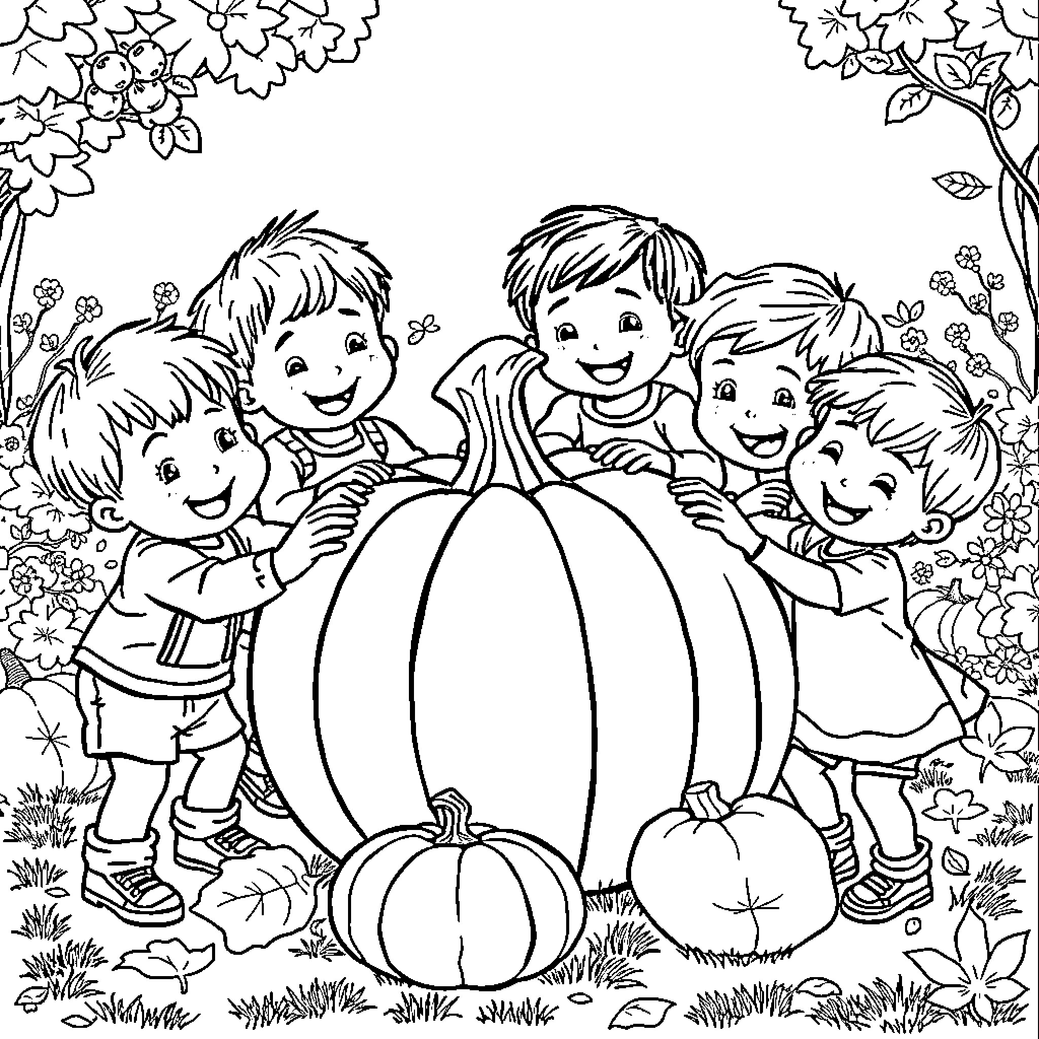 Pumpkin patch fun with cheerful children Coloring Page (free black-and-white line drawing printable PDF for all, from beginners to advanced learners, including children, teens, adults, and seniors)