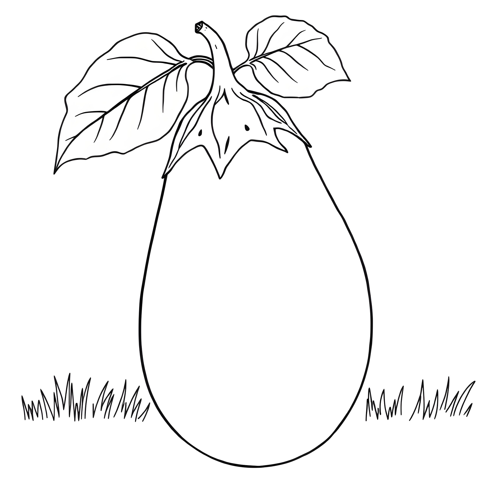 Eggplant with leaves and grass Coloring Page (free black-and-white line drawing printable PDF for all, from beginners to advanced learners, including children, teens, adults, and seniors)