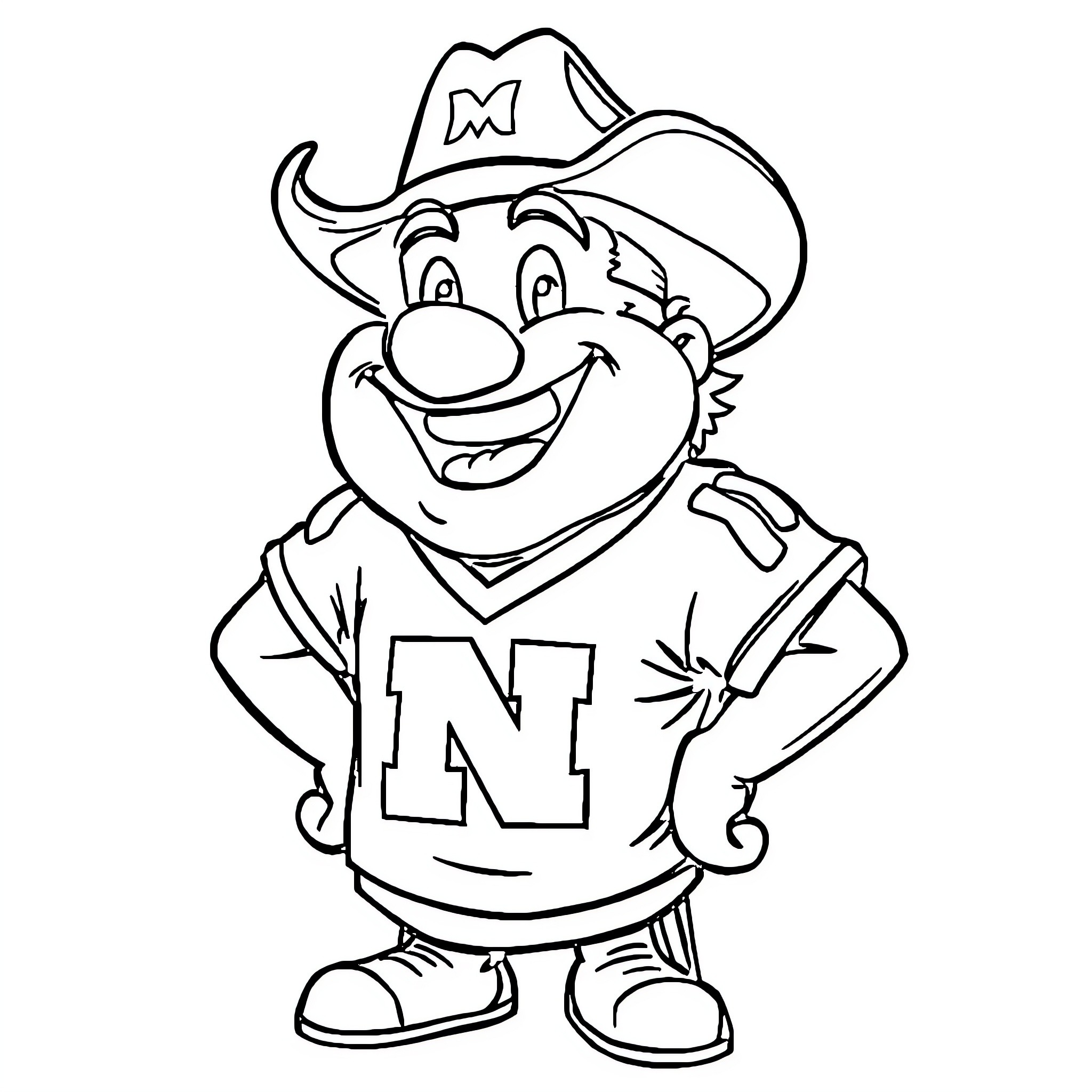 Herbie Husker the Smiling Cowboy Mascot Coloring Page (free black-and-white line drawing printable PDF for all, from beginners to advanced learners, including children, teens, adults, and seniors)
