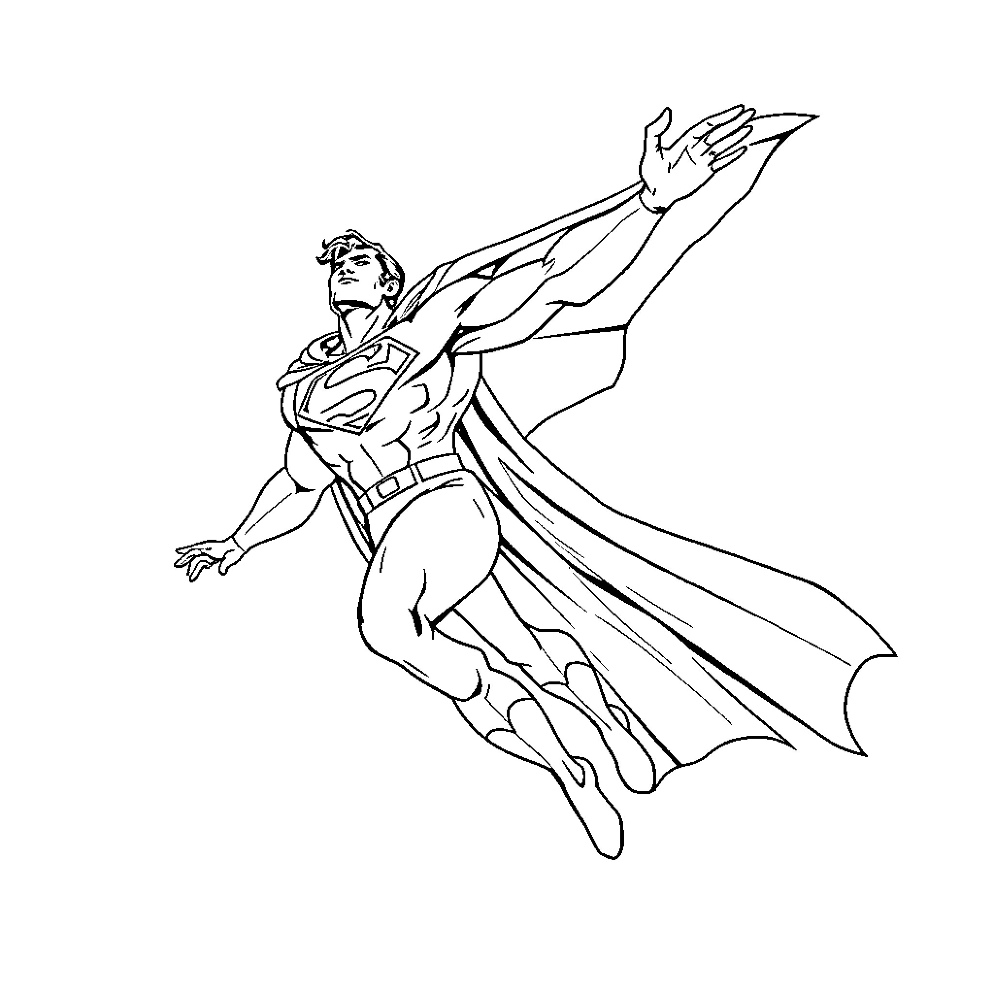 Superman soaring with outstretched arms Coloring Page (free black-and-white line drawing printable PDF for all, from beginners to advanced learners, including children, teens, adults, and seniors)