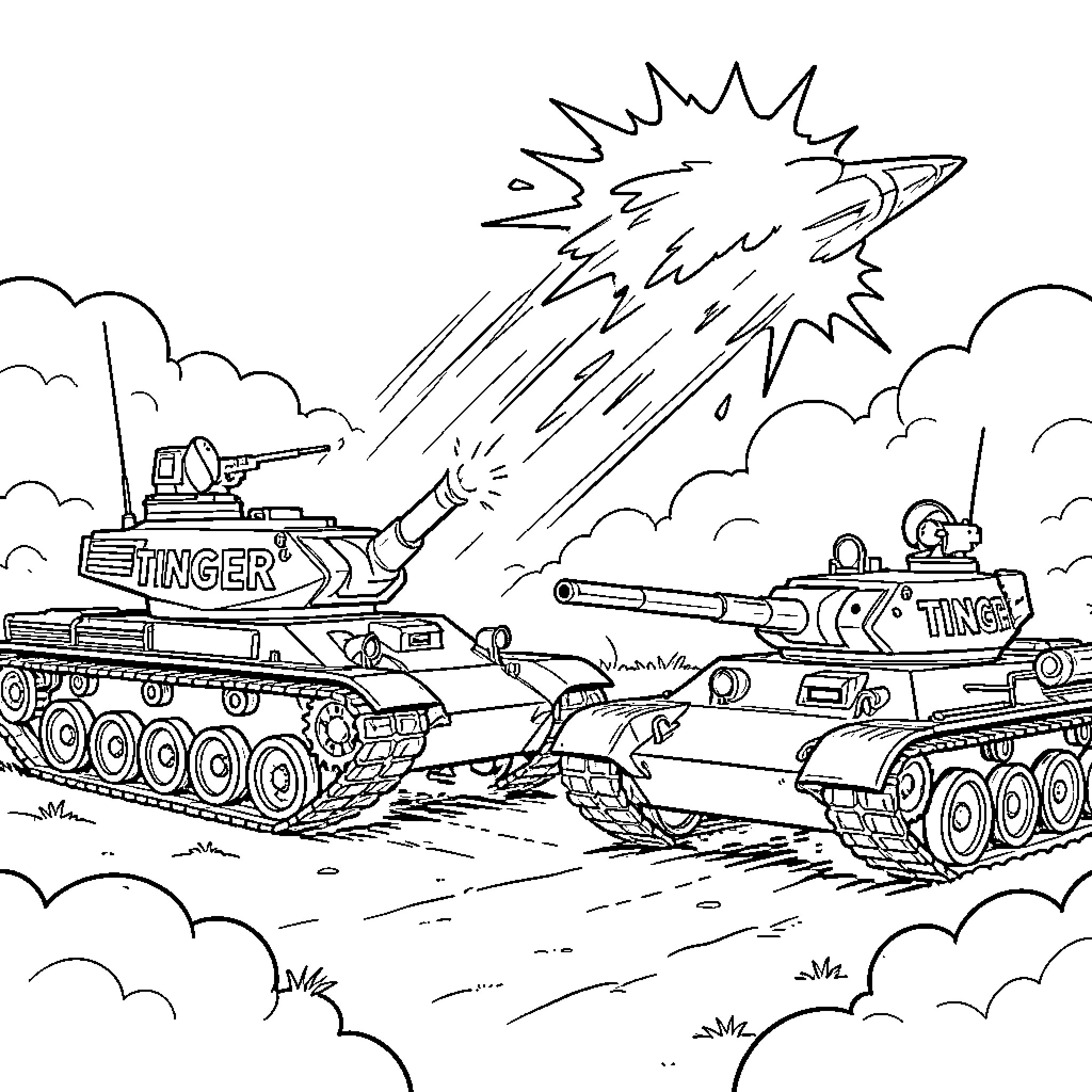 Tank firing a projectile during a battlefield scene Coloring Page (free black-and-white line drawing printable PDF for all, from beginners to advanced learners, including children, teens, adults, and seniors)