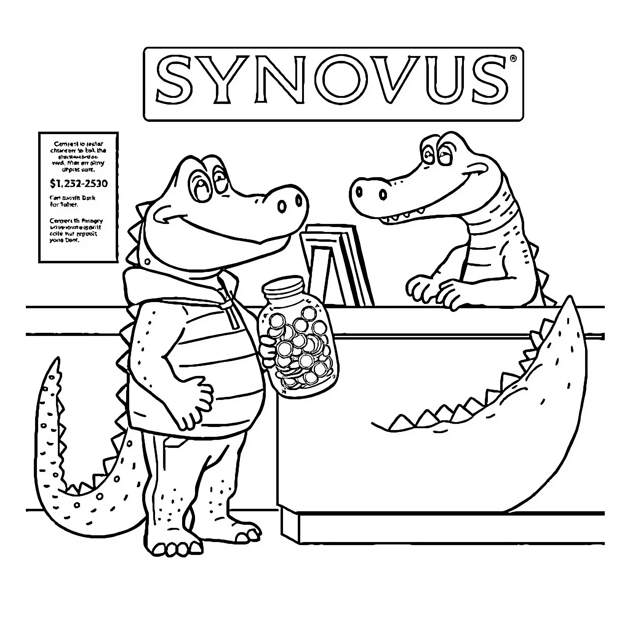 Alligators ordering snacks at a counter Coloring Page (free black-and-white line drawing printable PDF for all, from beginners to advanced learners, including children, teens, adults, and seniors)