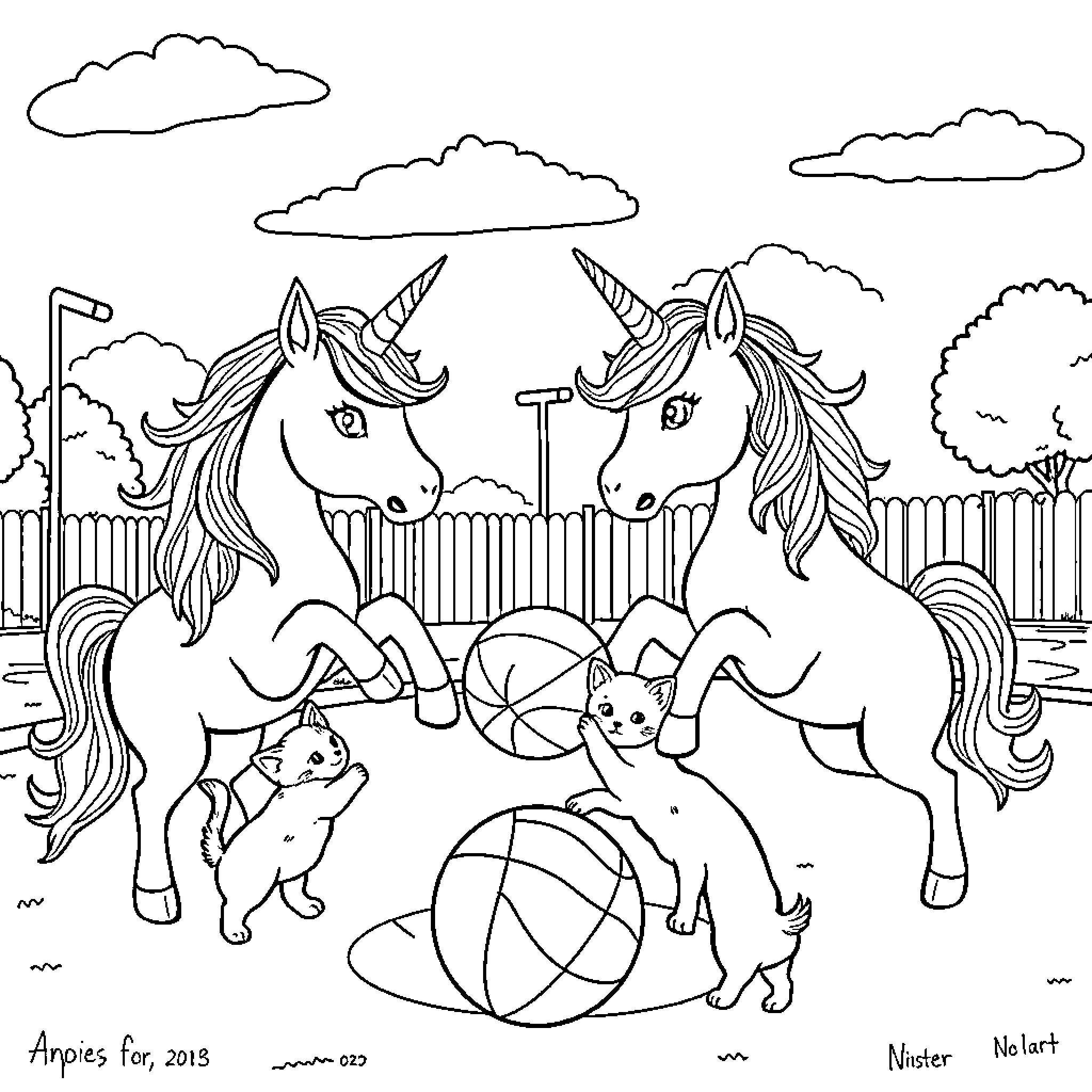 Unicorn friends playing joyfully in the garden Coloring Page (free black-and-white line drawing printable PDF for all, from beginners to advanced learners, including children, teens, adults, and seniors)