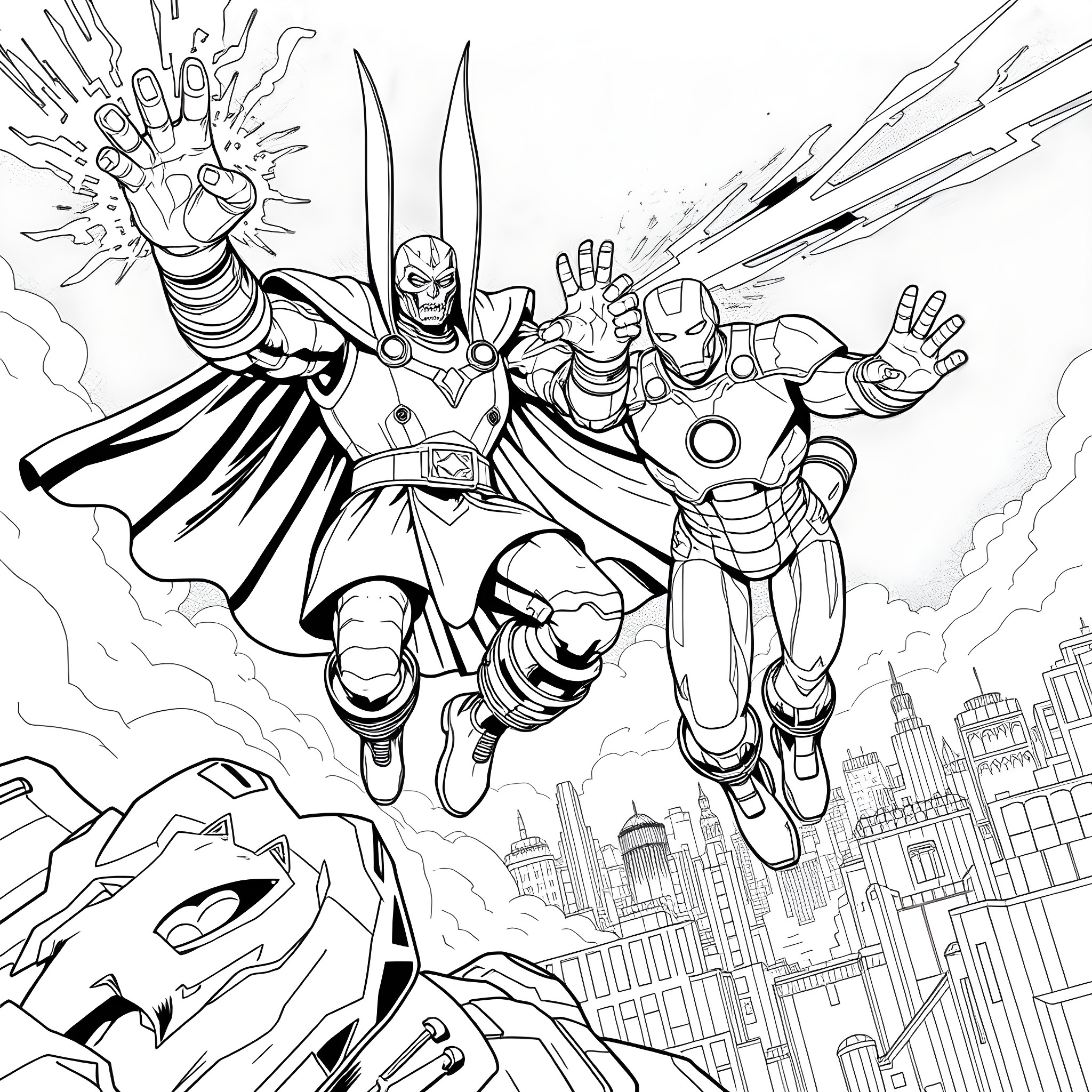 Doctor Doom and Iron Man battle in the sky Coloring Page (free black-and-white line drawing printable PDF for all, from beginners to advanced learners, including children, teens, adults, and seniors)