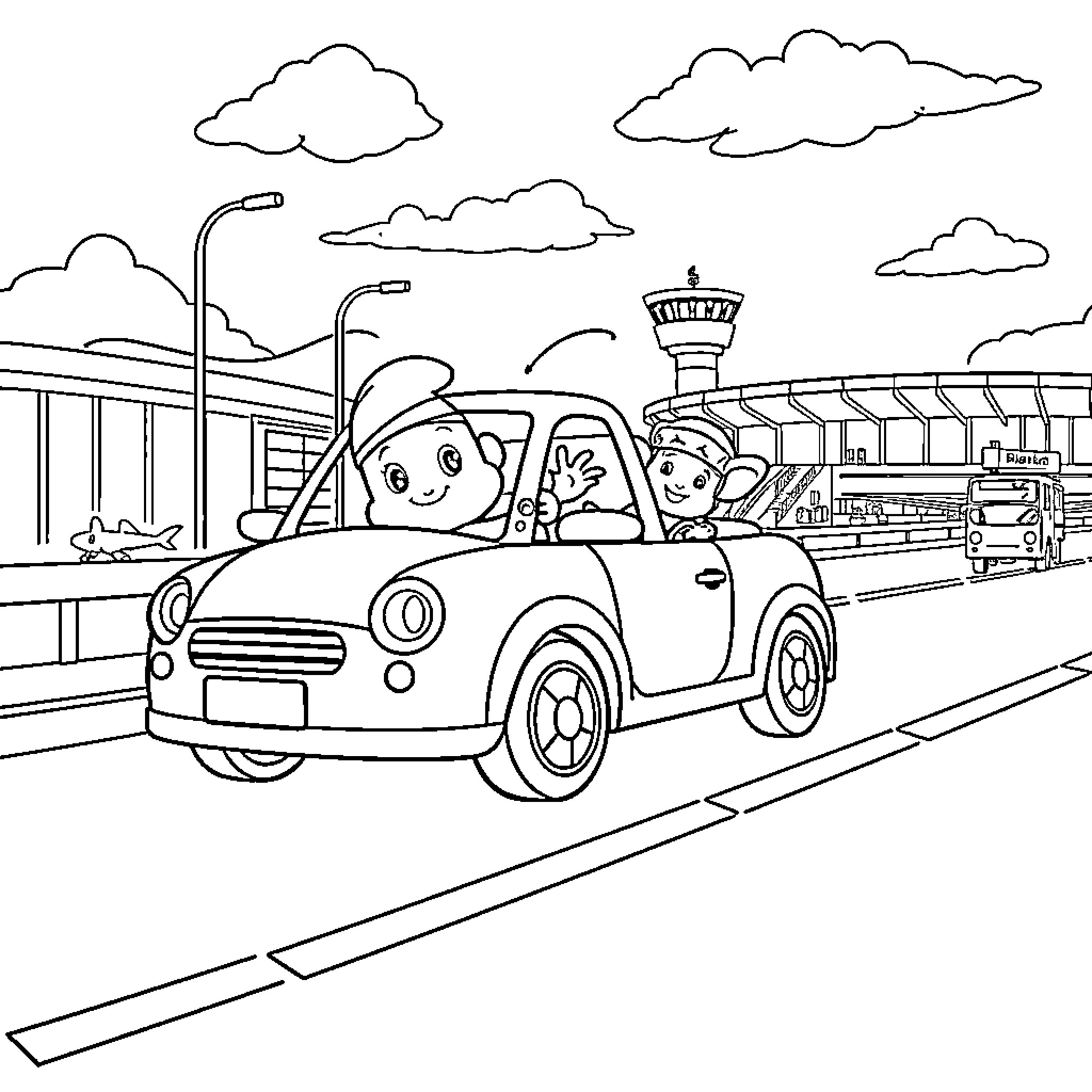 Bubu's Joyride through the Airport Coloring Page (free black-and-white line drawing printable PDF for all, from beginners to advanced learners, including children, teens, adults, and seniors)