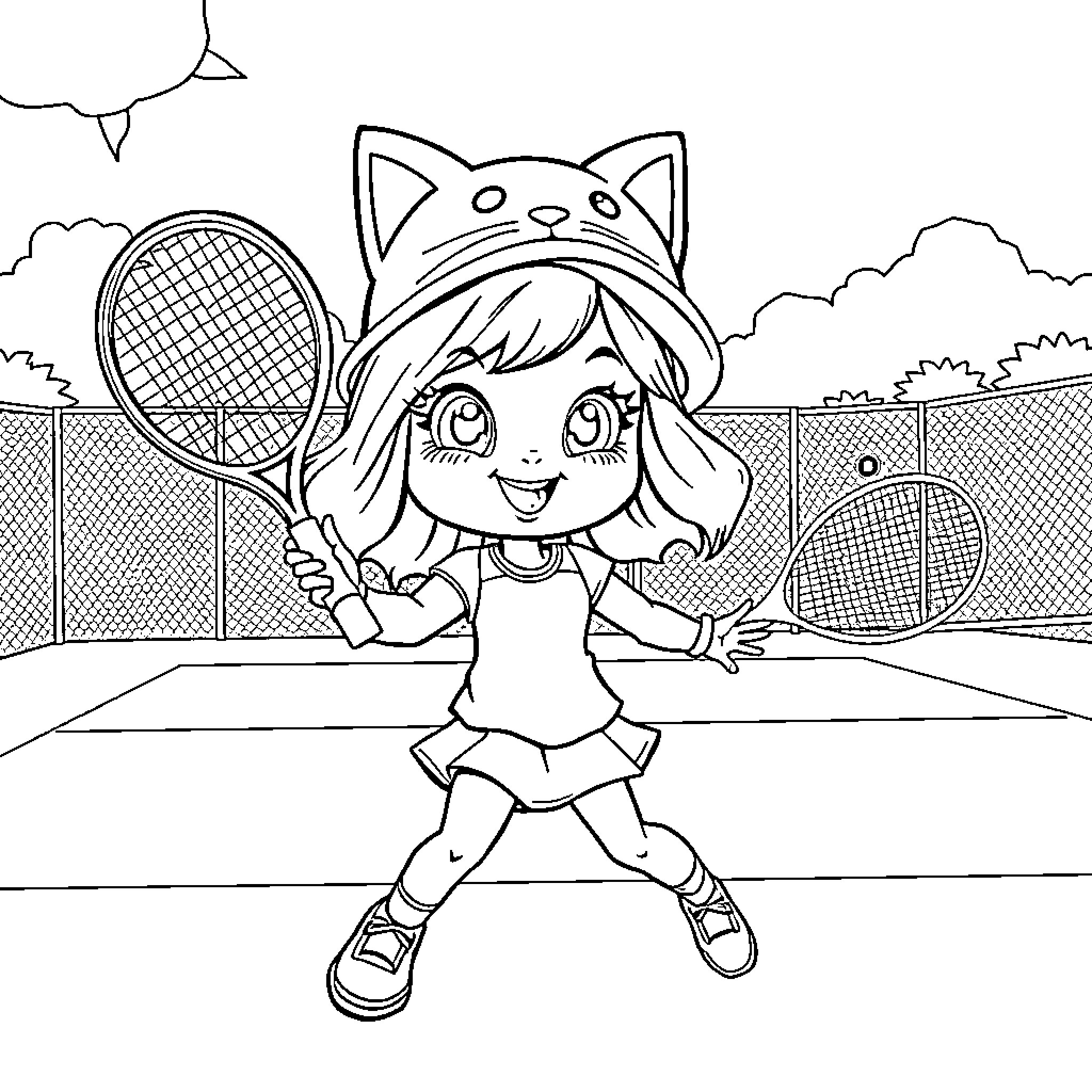 Gabby playing tennis with a cat-themed outfit Coloring Page (free black-and-white line drawing printable PDF for all, from beginners to advanced learners, including children, teens, adults, and seniors)