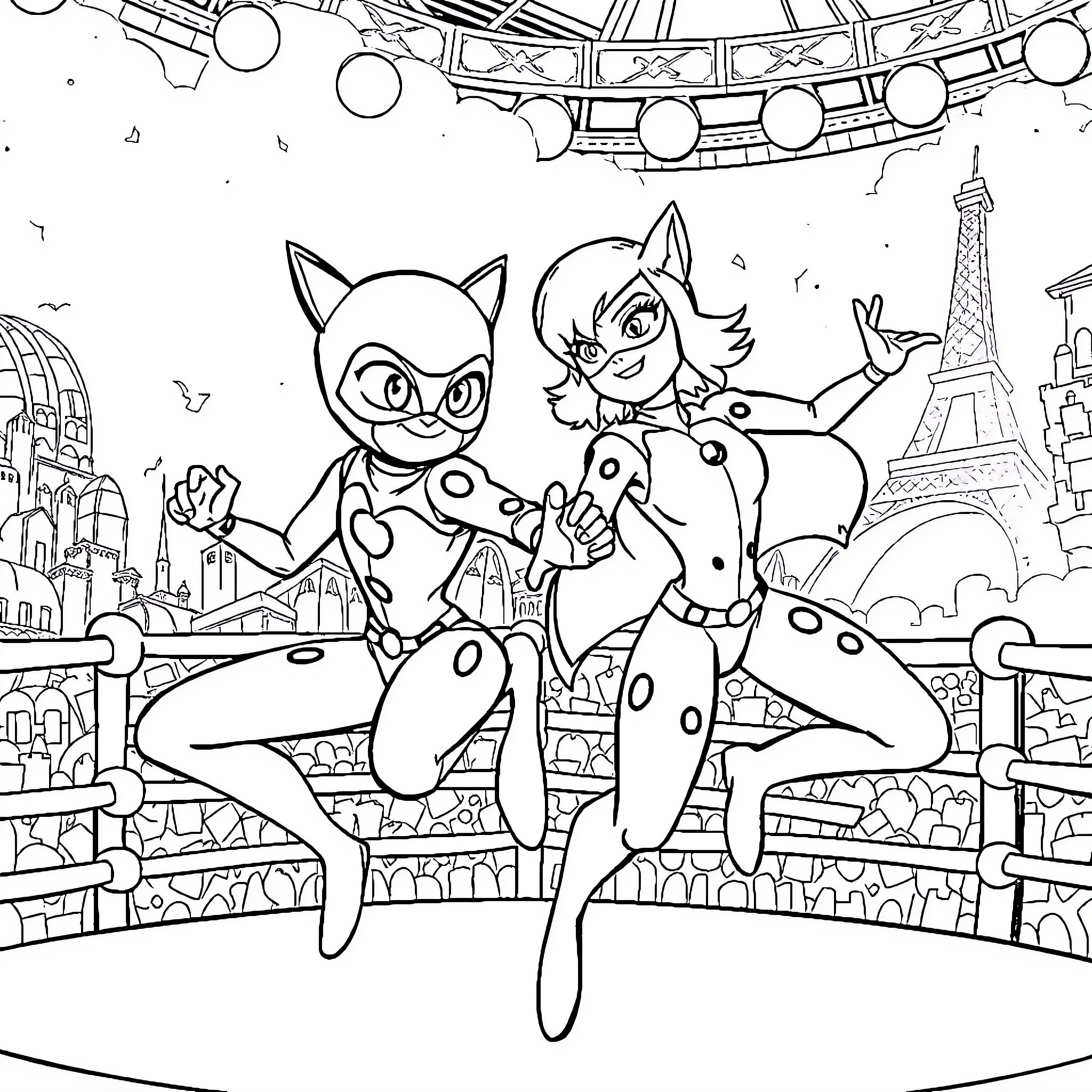 Miraculous Adventures of Superhero Duo in Paris Coloring Page (free black-and-white line drawing printable PDF for all, from beginners to advanced learners, including children, teens, adults, and seniors)