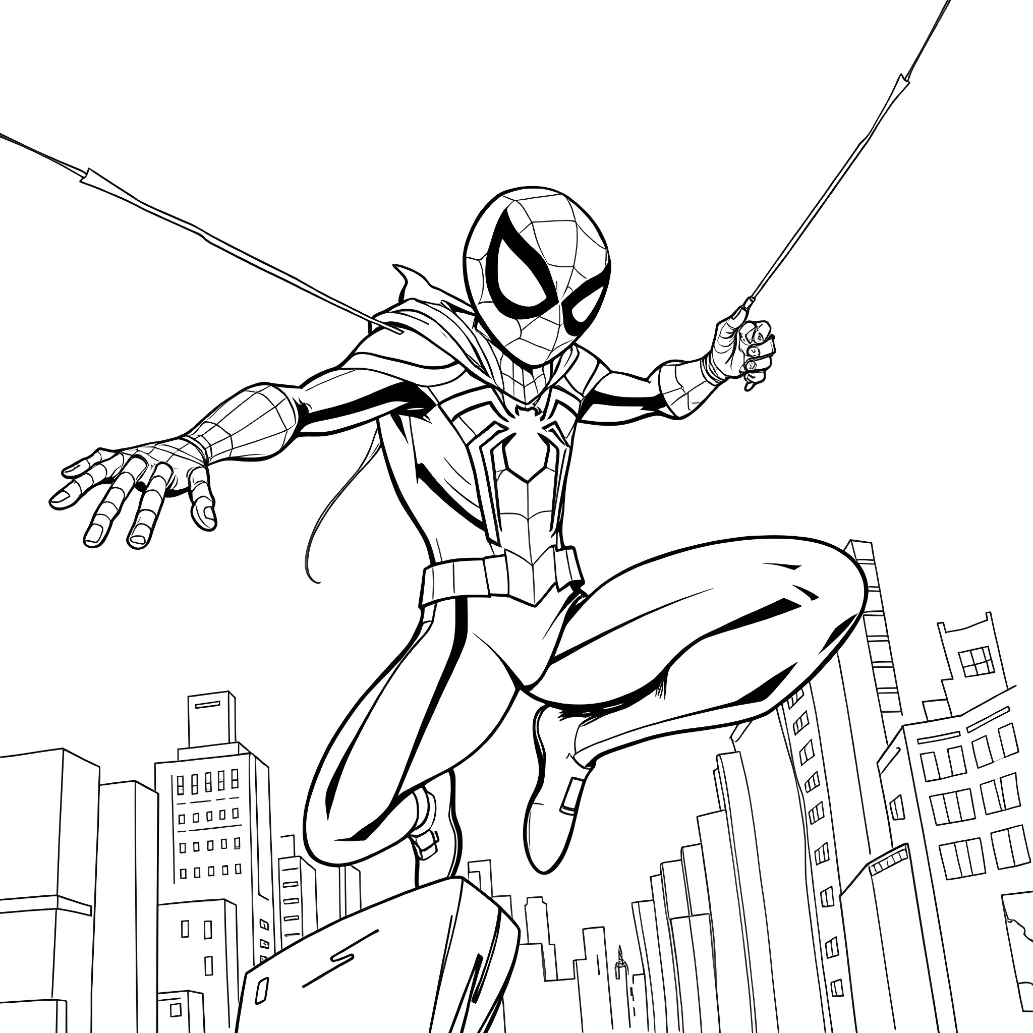 Spider-Boy swinging through the city skyline Coloring Page (free black-and-white line drawing printable PDF for all, from beginners to advanced learners, including children, teens, adults, and seniors)