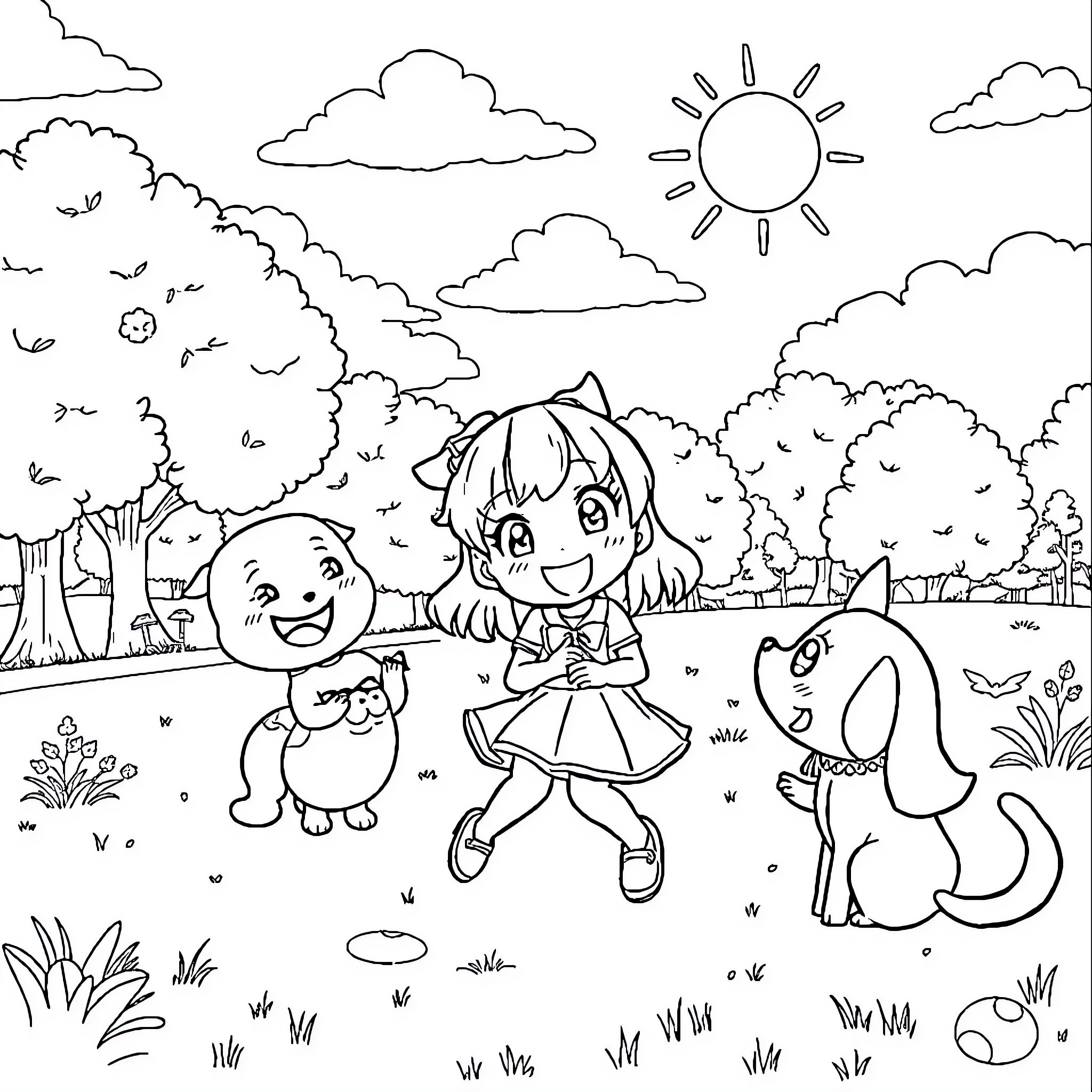 Kuromi enjoying a playful day in the park Coloring Page (free black-and-white line drawing printable PDF for all, from beginners to advanced learners, including children, teens, adults, and seniors)