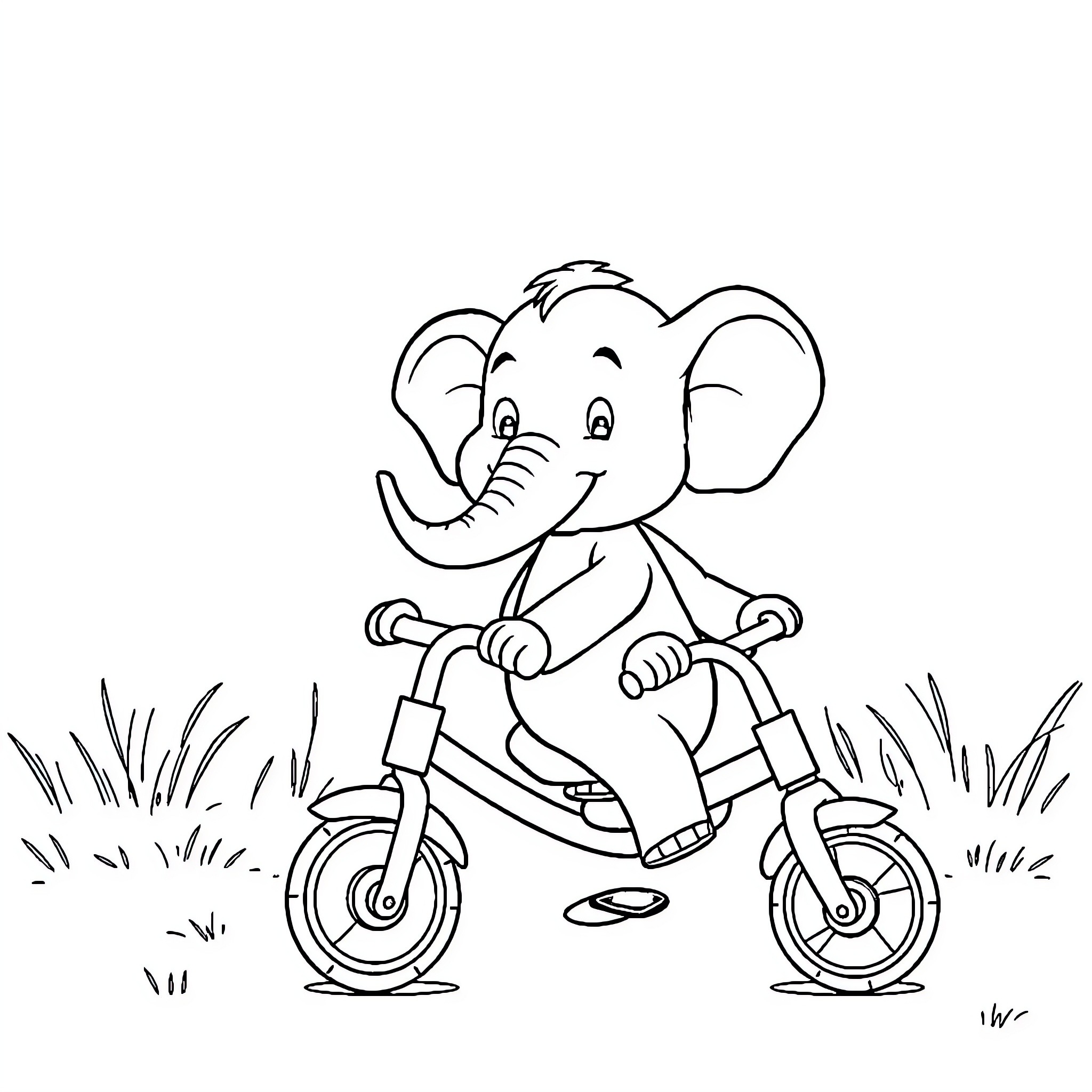Elephant riding a bicycle in the park Coloring Page (free black-and-white line drawing printable PDF for all, from beginners to advanced learners, including children, teens, adults, and seniors)