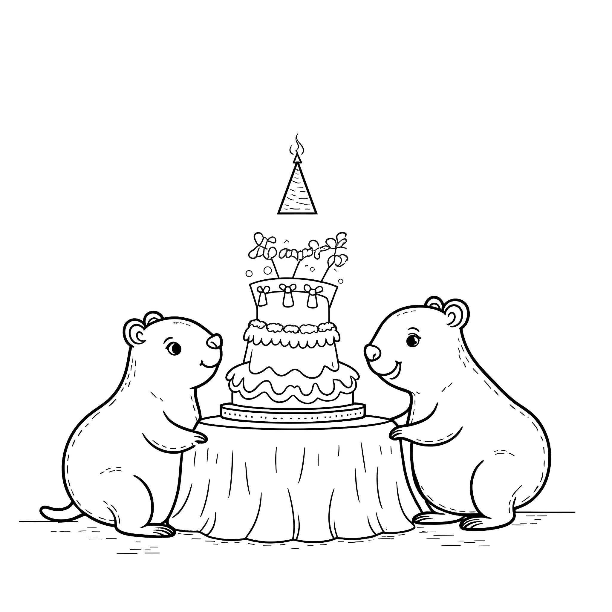 Capybara friends celebrating a birthday party Coloring Page (free black-and-white line drawing printable PDF for all, from beginners to advanced learners, including children, teens, adults, and seniors)