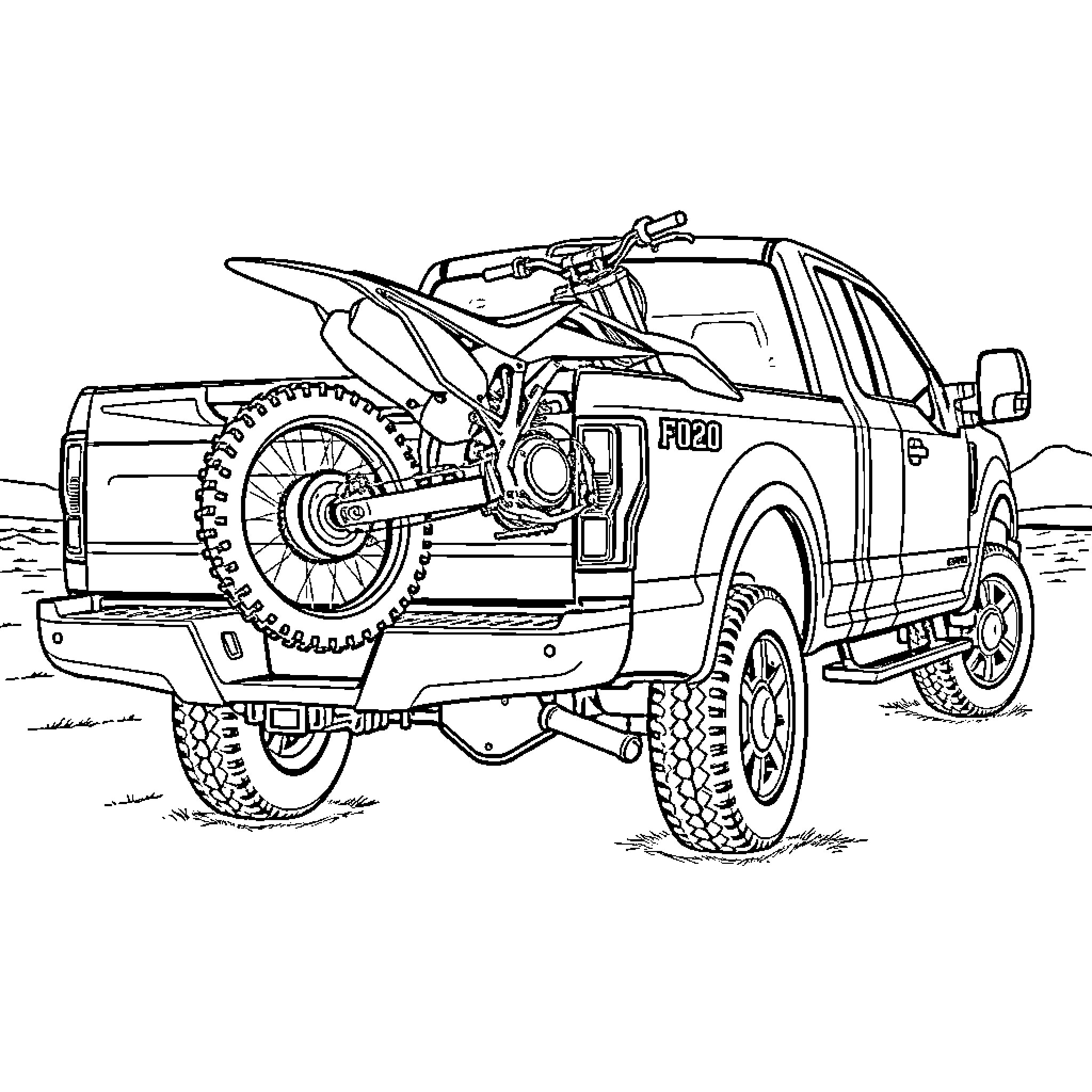 Dirt Bike Hauled in Rugged Truck Coloring Page (free black-and-white line drawing printable PDF for all, from beginners to advanced learners, including children, teens, adults, and seniors)