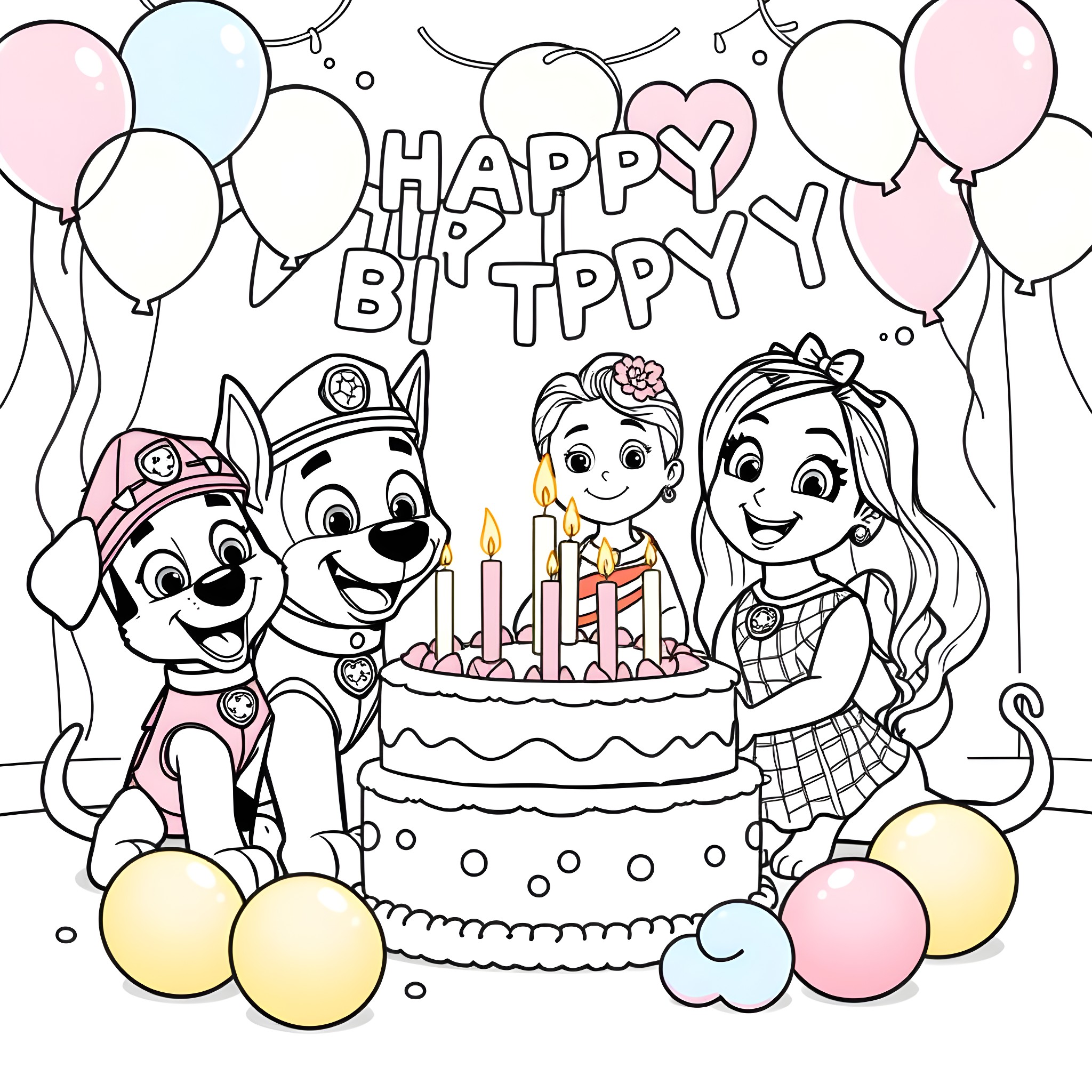 Paw Patrol characters celebrating a birthday party Coloring Page (free black-and-white line drawing printable PDF for all, from beginners to advanced learners, including children, teens, adults, and seniors)
