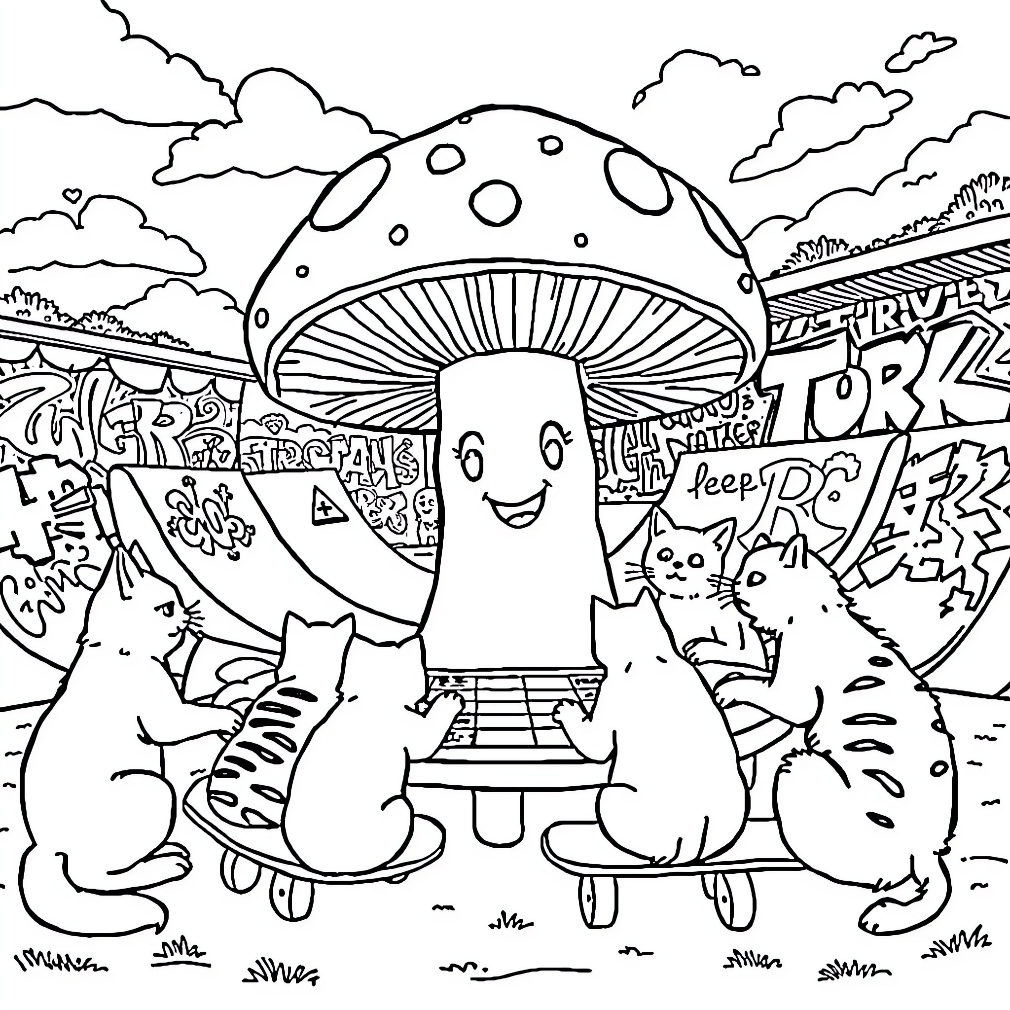 Toadstool festival with playful creatures Coloring Page (free black-and-white line drawing printable PDF for all, from beginners to advanced learners, including children, teens, adults, and seniors)