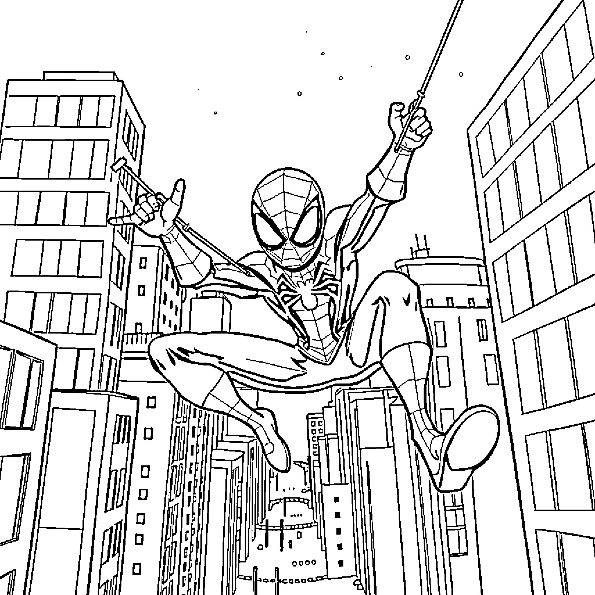 Kid Spidey swinging through city skyline Coloring Page (free black-and-white line drawing printable PDF for all, from beginners to advanced learners, including children, teens, adults, and seniors)