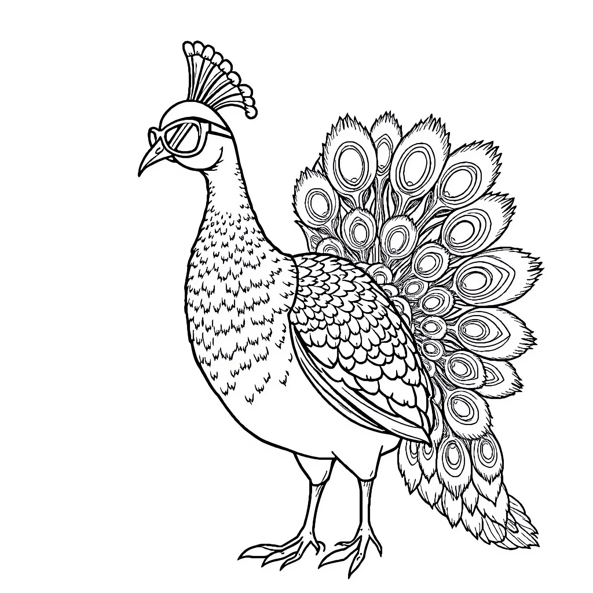 Peacock strutting with its magnificent plumage Coloring Page (free black-and-white line drawing printable PDF for all, from beginners to advanced learners, including children, teens, adults, and seniors)