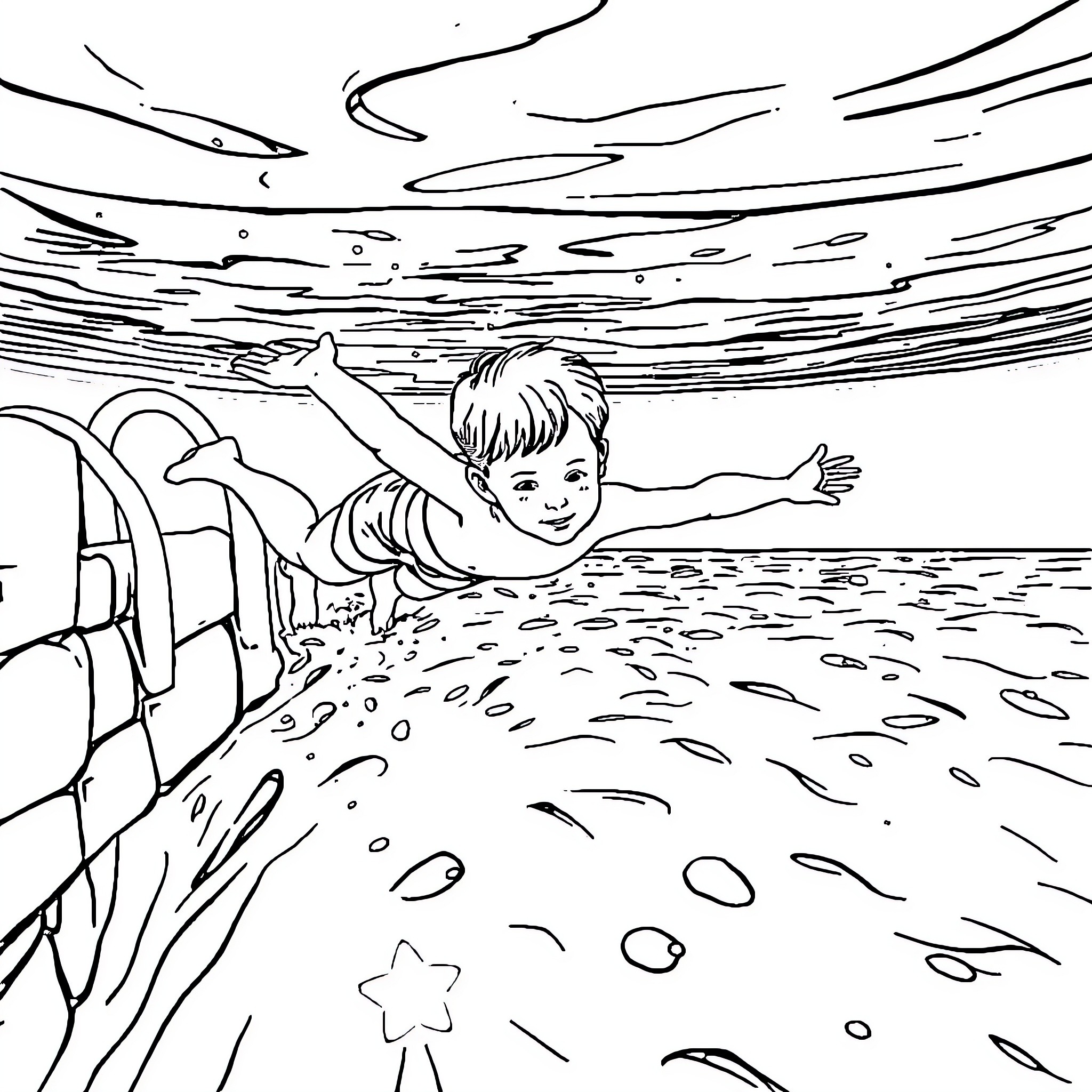 Boy swimming underwater in the ocean Coloring Page (free black-and-white line drawing printable PDF for all, from beginners to advanced learners, including children, teens, adults, and seniors)