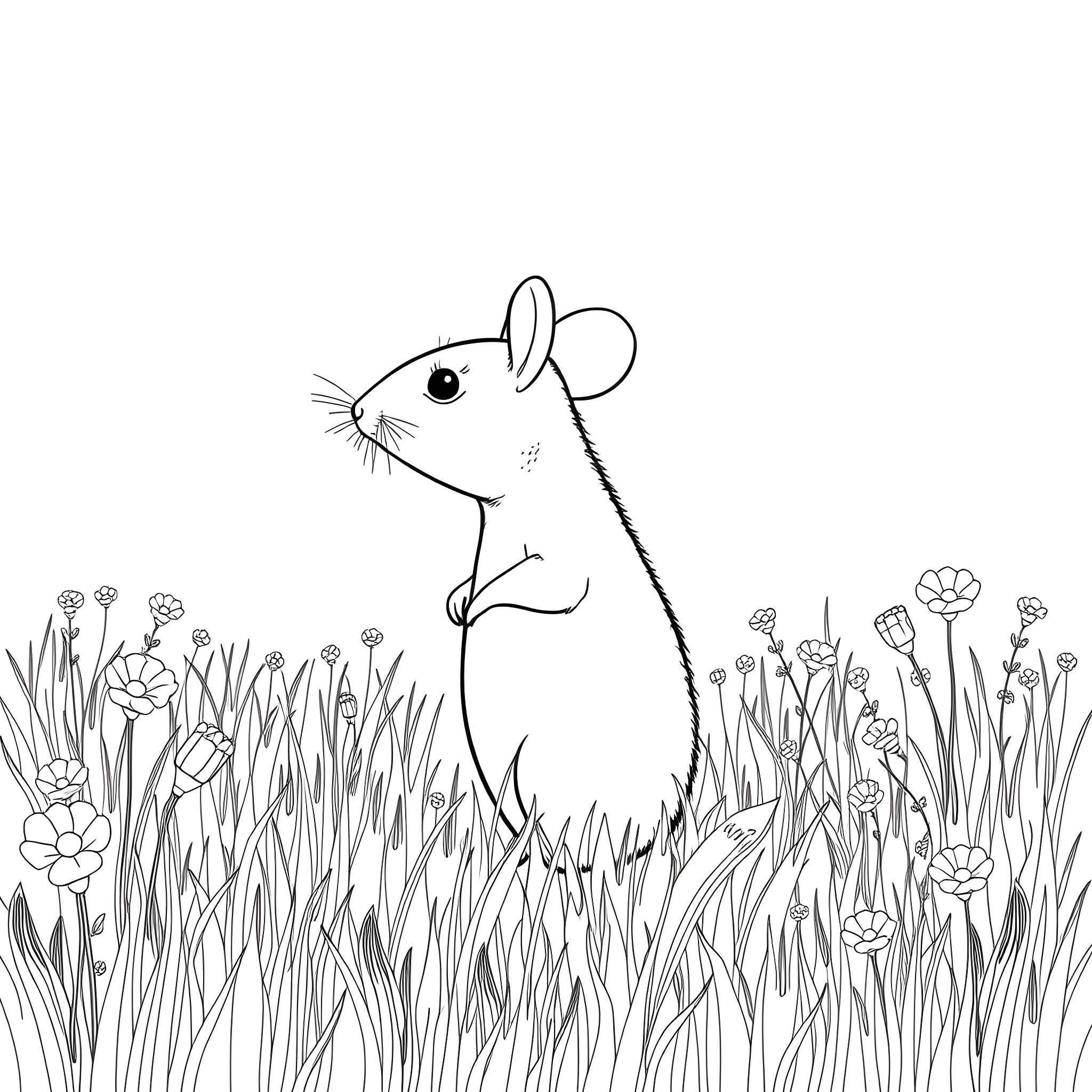 Mouse exploring the grassy field with flowers Coloring Page (free black-and-white line drawing printable PDF for all, from beginners to advanced learners, including children, teens, adults, and seniors)
