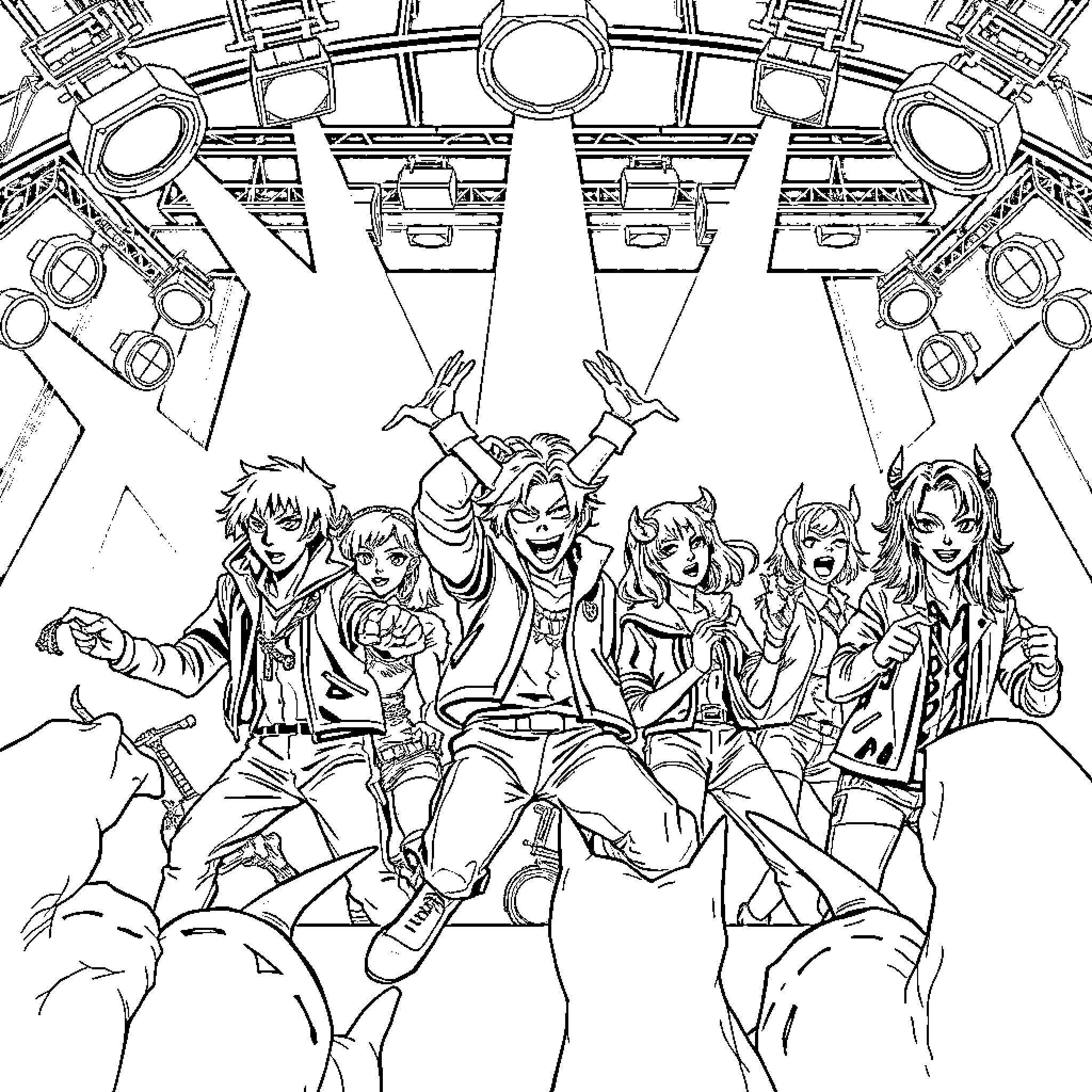 K Pop Group Performing on Stage with Dramatic Lighting Coloring Page (free black-and-white line drawing printable PDF for all, from beginners to advanced learners, including children, teens, adults, and seniors)