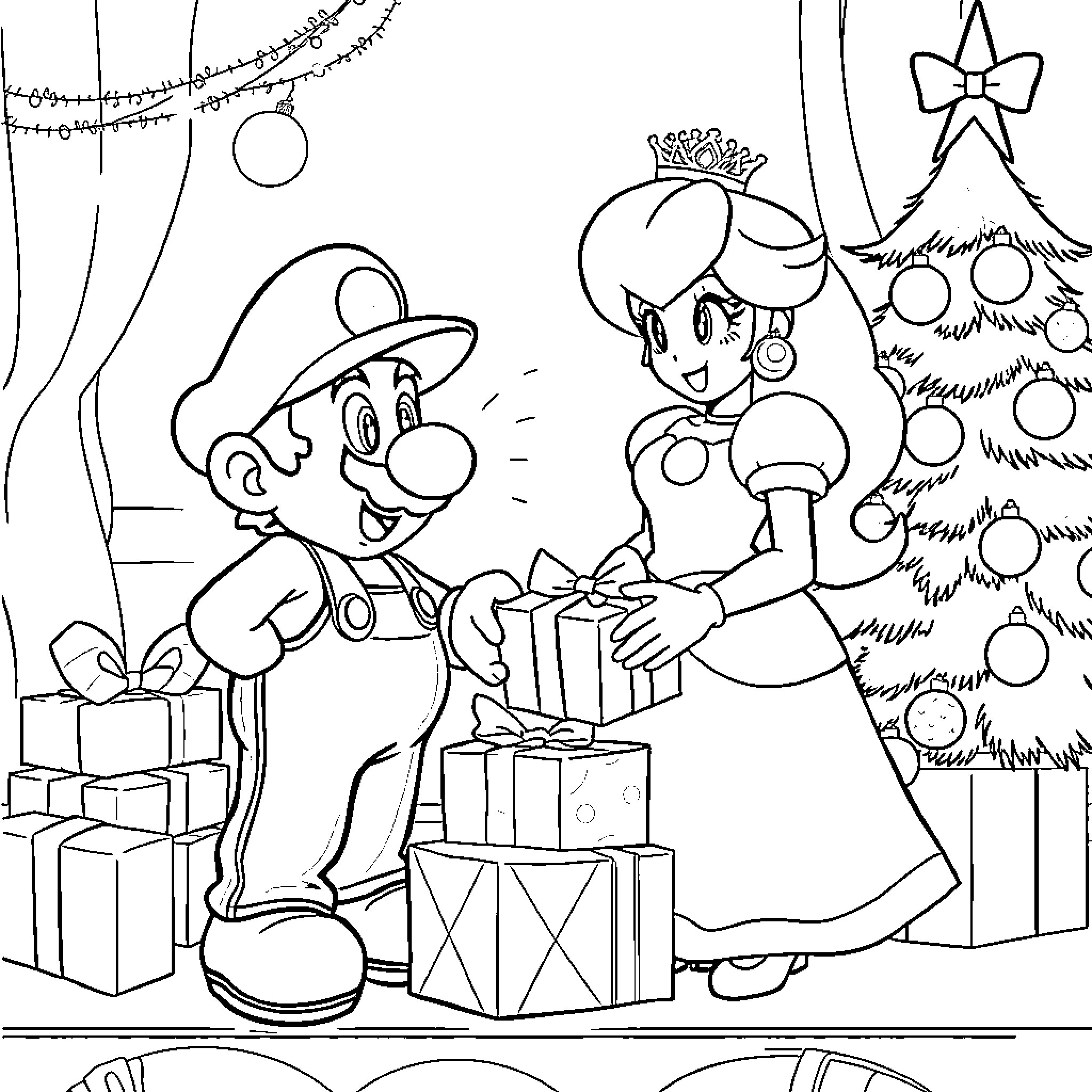 Super Mario and Princess Exchanging Gifts at Christmas Coloring Page (free black-and-white line drawing printable PDF for all, from beginners to advanced learners, including children, teens, adults, and seniors)