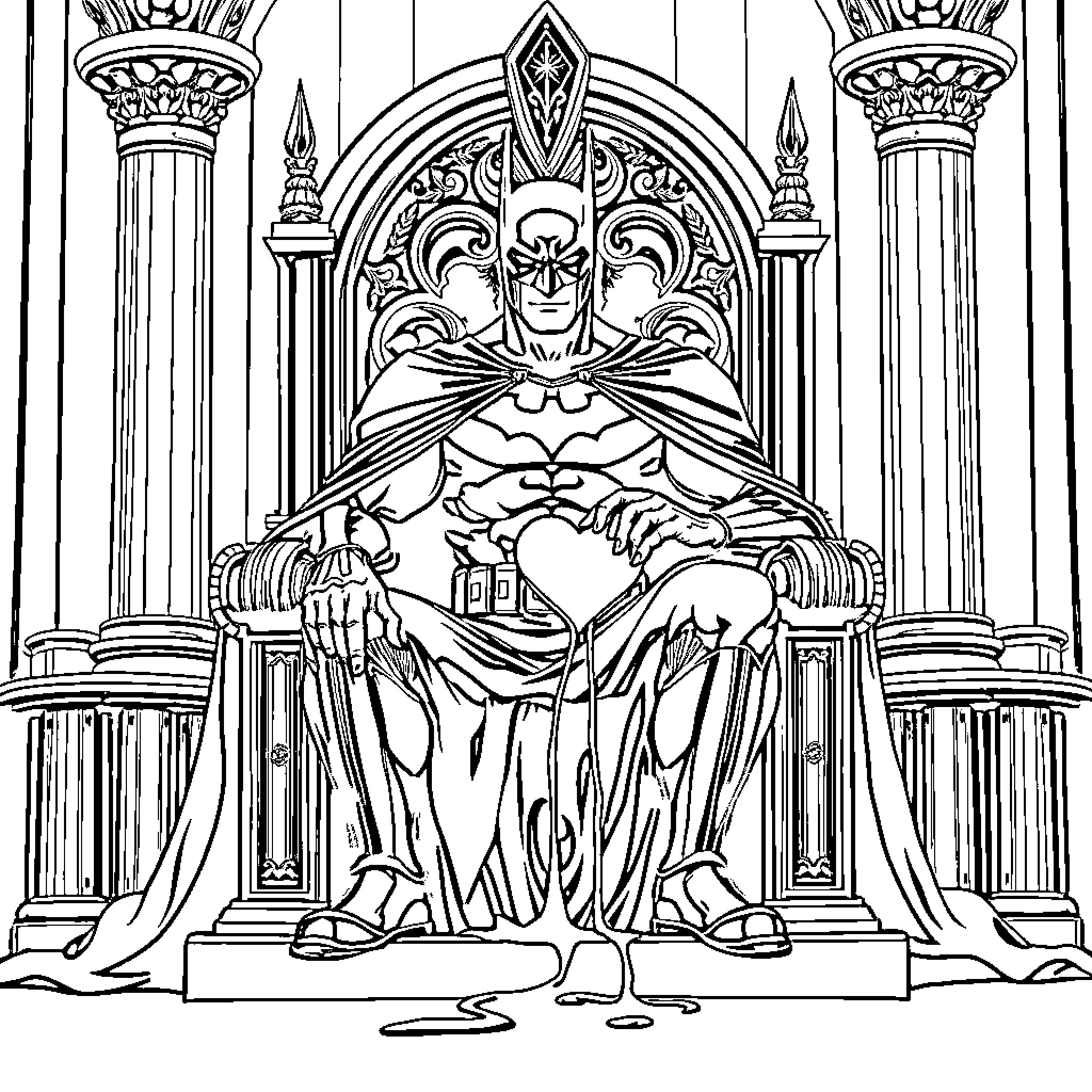 Batman Sitting Regally on His Throne Coloring Page (free black-and-white line drawing printable PDF for all, from beginners to advanced learners, including children, teens, adults, and seniors)