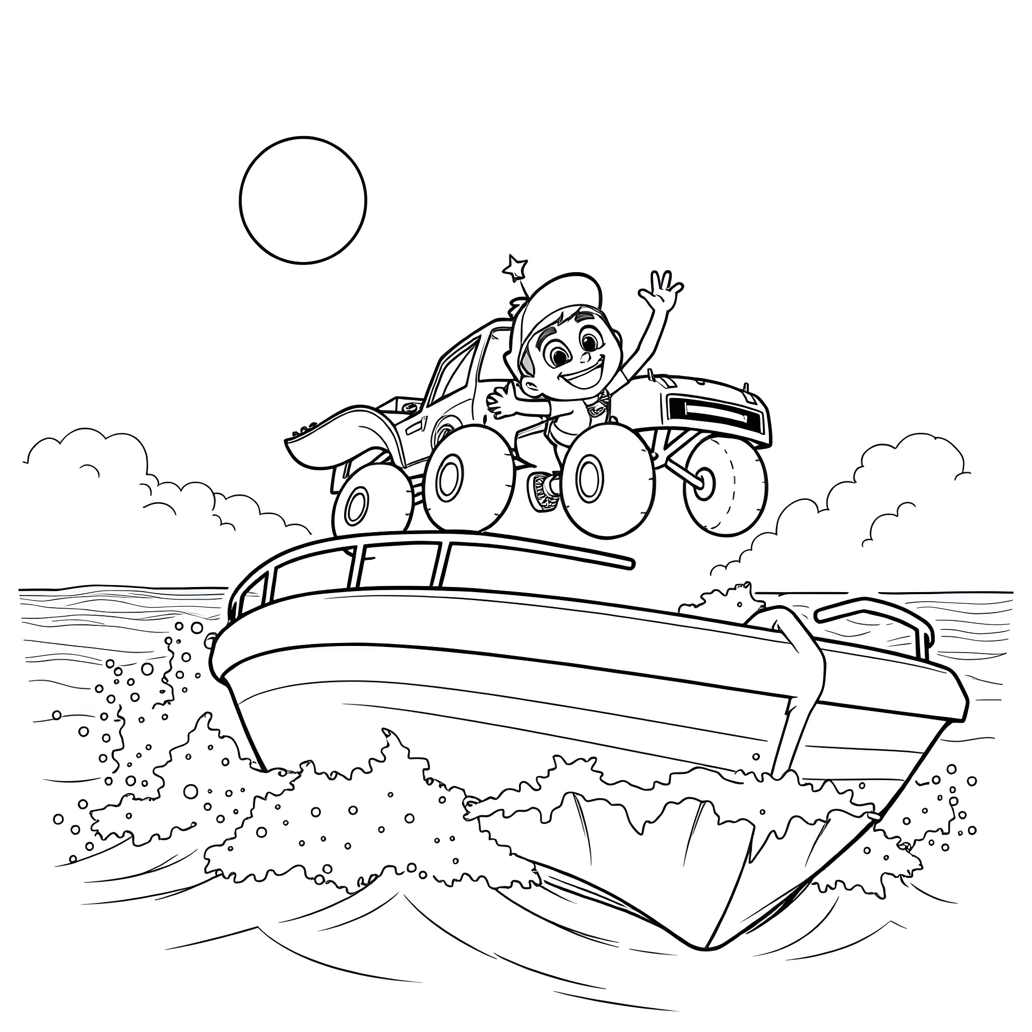 Blaze racing on a boat through the waves Coloring Page (free black-and-white line drawing printable PDF for all, from beginners to advanced learners, including children, teens, adults, and seniors)