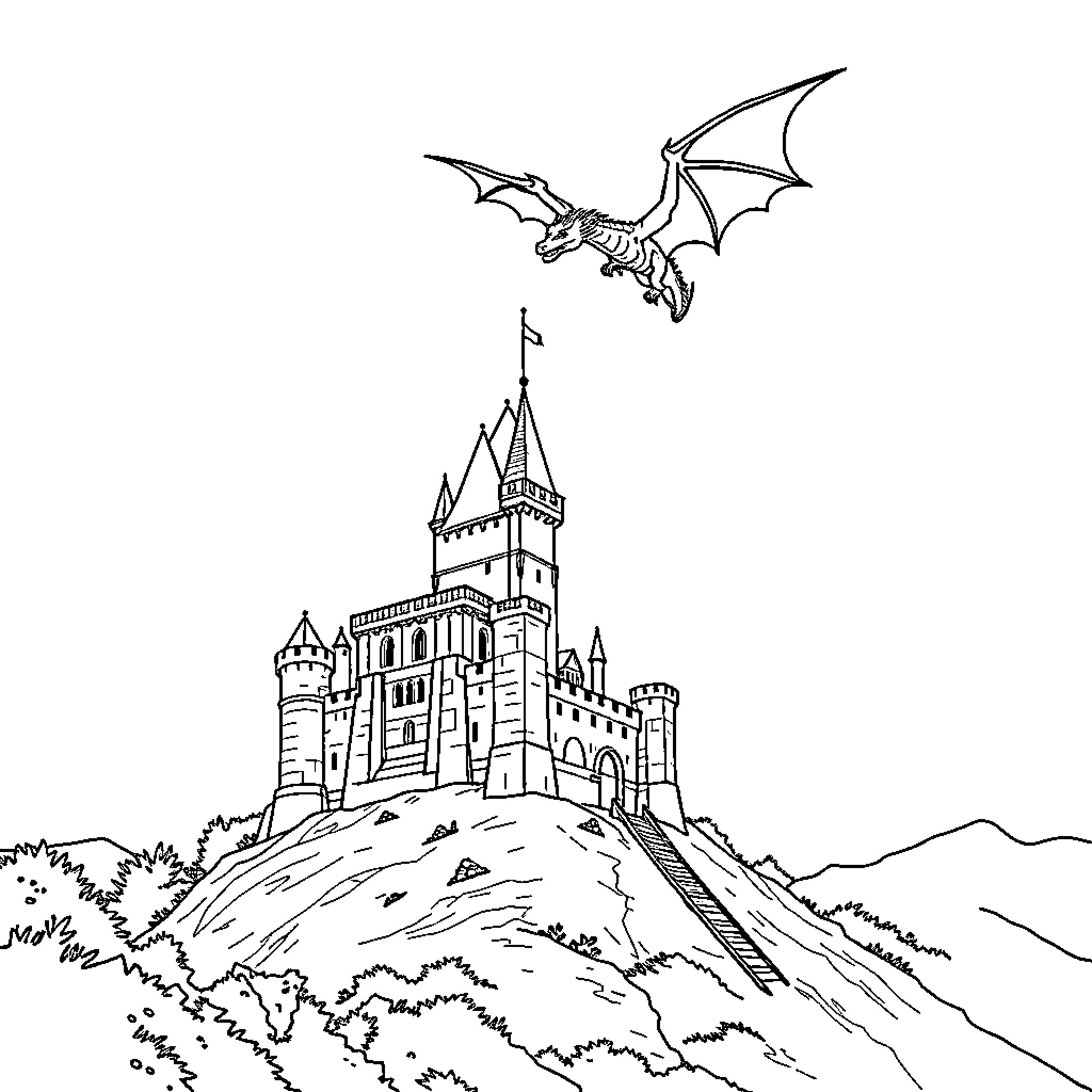Castle with dragon in the sky Coloring Page (free black-and-white line drawing printable PDF for all, from beginners to advanced learners, including children, teens, adults, and seniors)