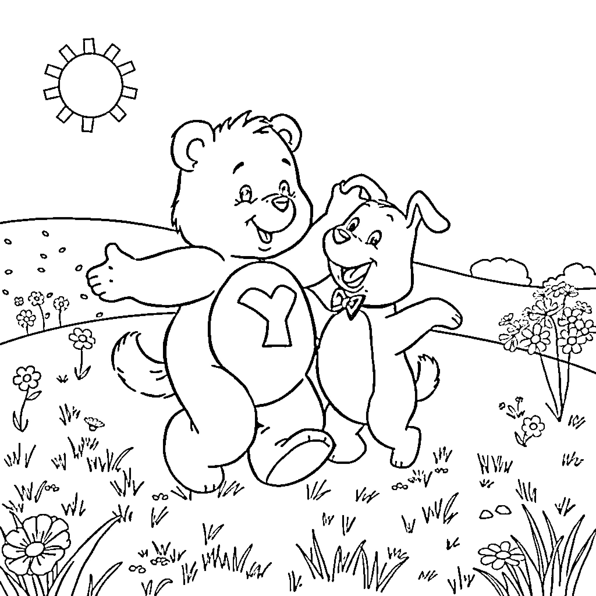Care Bears enjoying a sunny day in nature Coloring Page (free black-and-white line drawing printable PDF for all, from beginners to advanced learners, including children, teens, adults, and seniors)