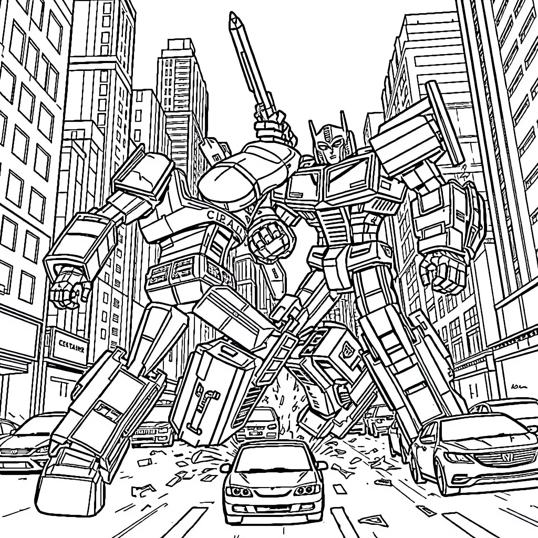 Optimus Prime leads a robotic revolution in the city streets Coloring Page (free black-and-white line drawing printable PDF for all, from beginners to advanced learners, including children, teens, adults, and seniors)