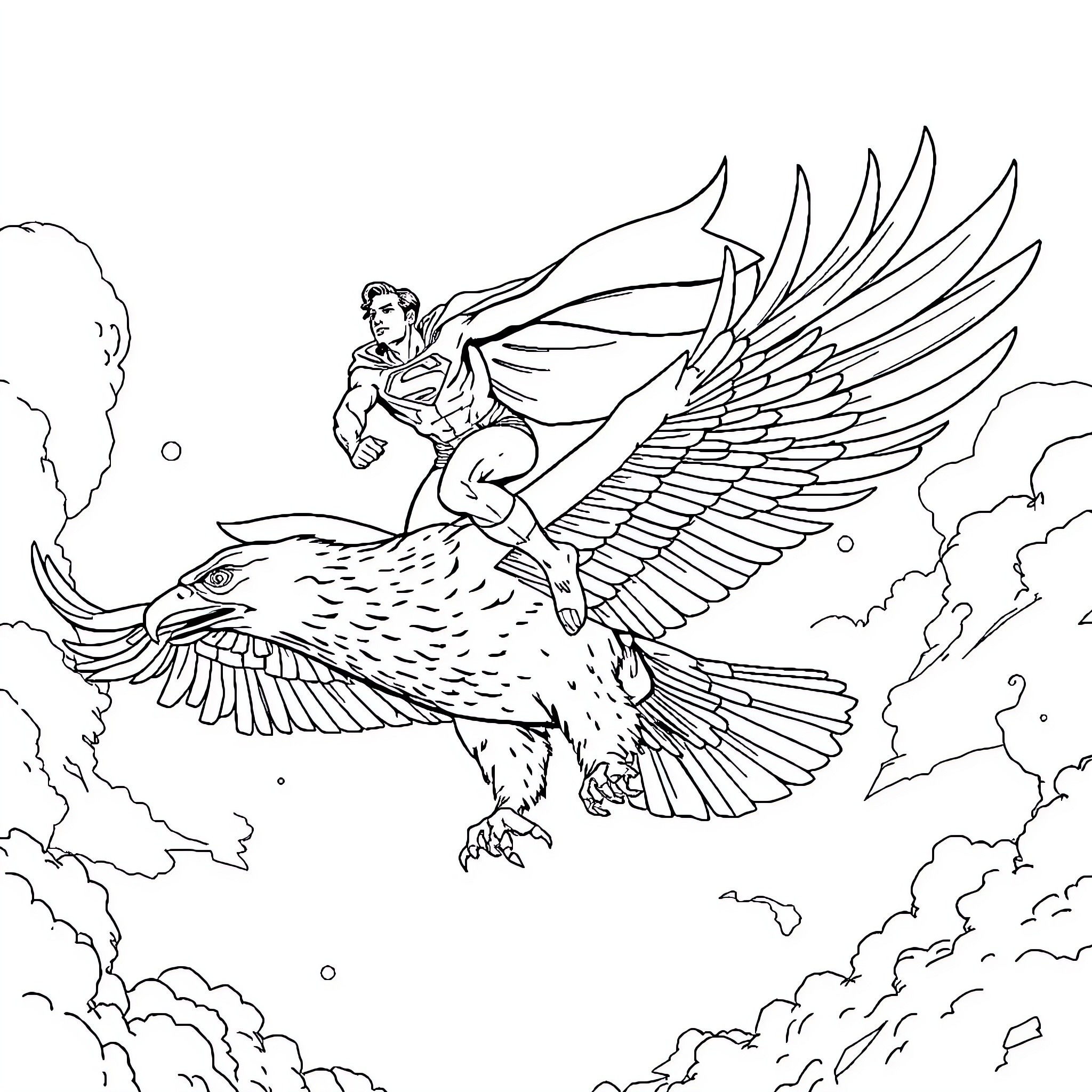 Superman soaring on a majestic winged creature Coloring Page (free black-and-white line drawing printable PDF for all, from beginners to advanced learners, including children, teens, adults, and seniors)