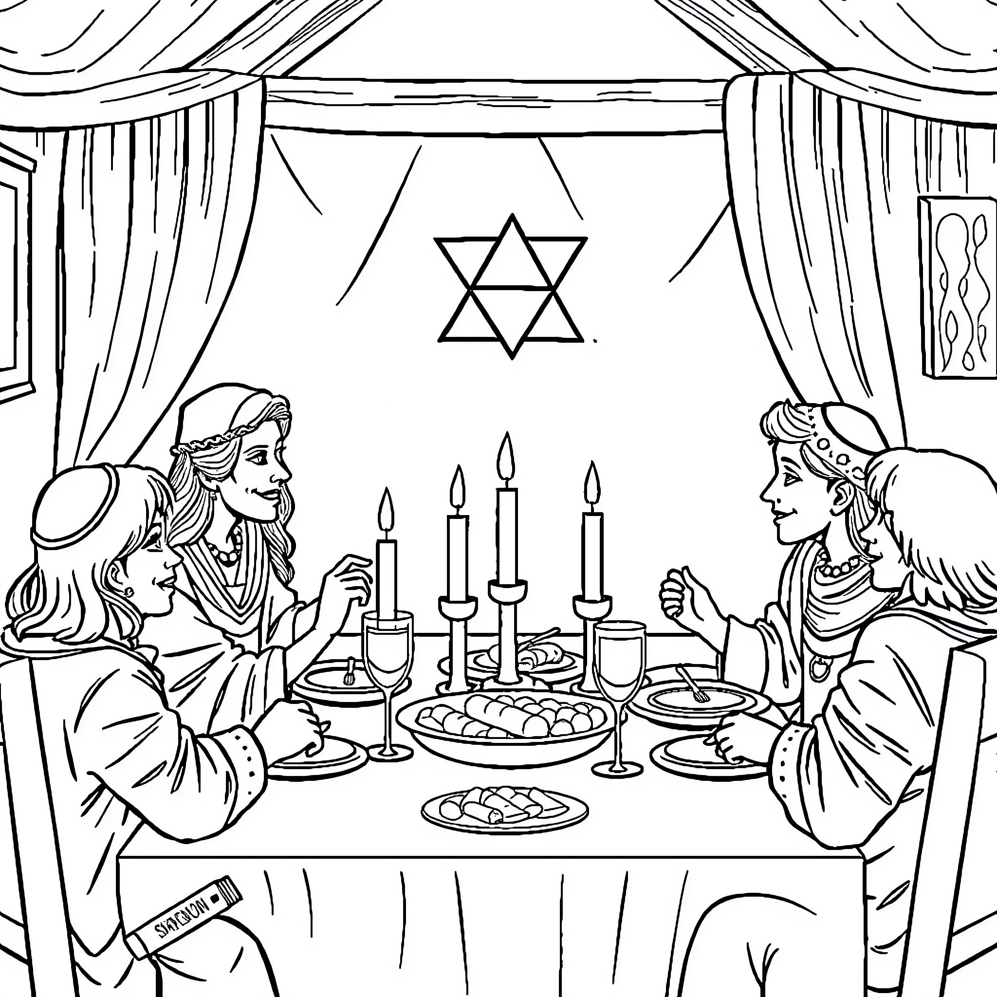 Shabbat Celebration with Family and Traditions Coloring Page (free black-and-white line drawing printable PDF for all, from beginners to advanced learners, including children, teens, adults, and seniors)